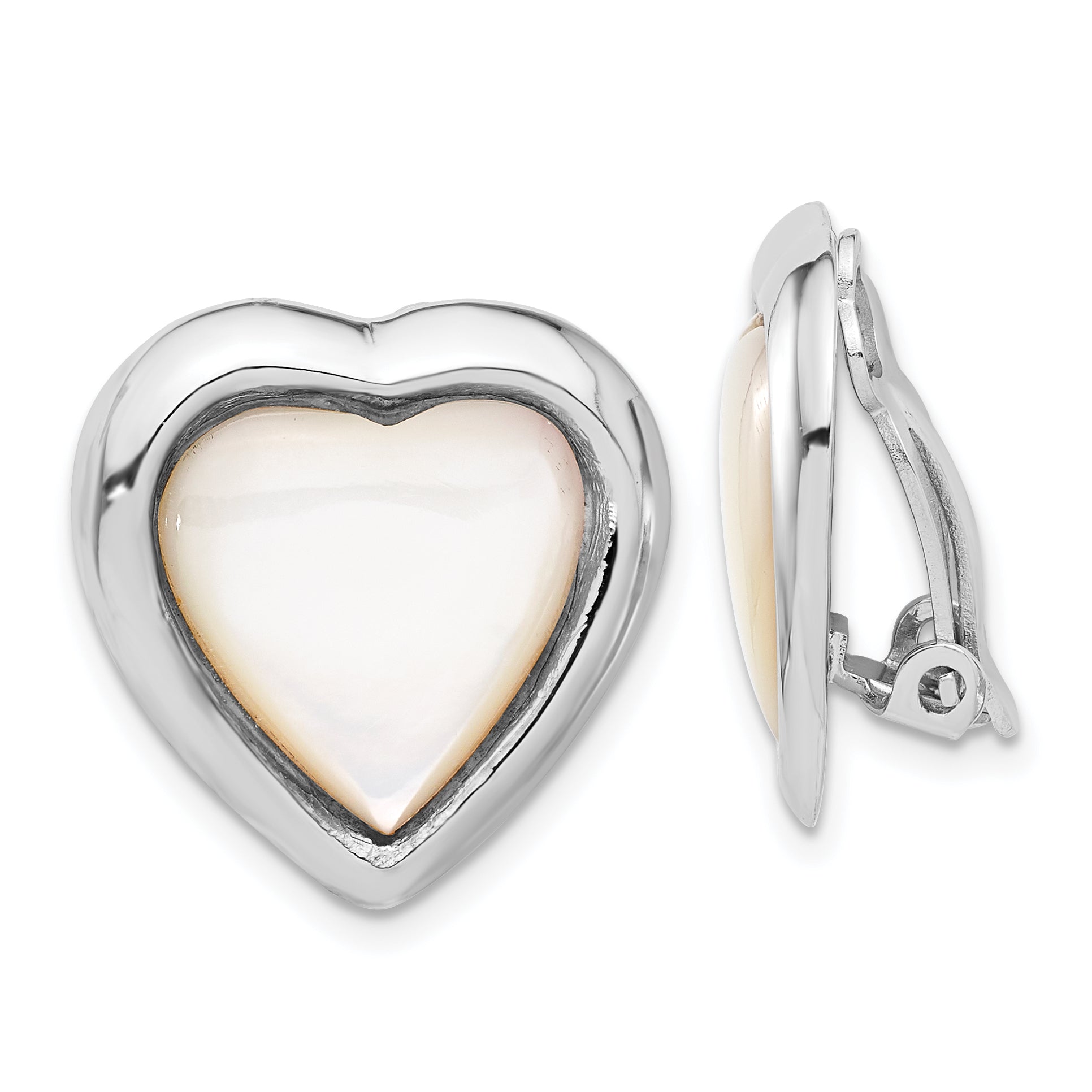 Sterling Silver RH-plated Mother of Pearl Heart Non-Pierced Earrings Main image