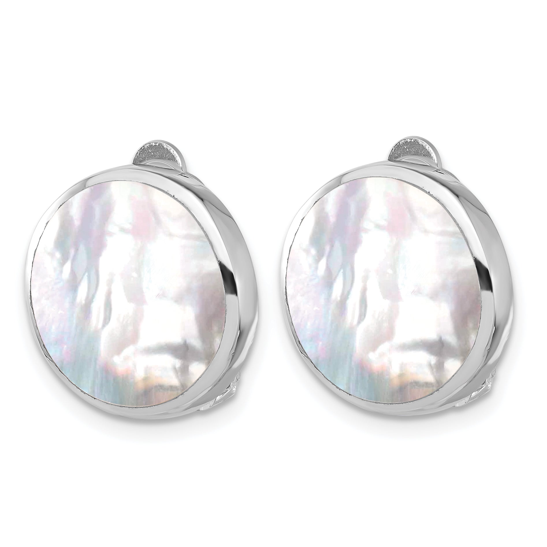 Sterling Silver RH-plated Mother of Pearl Round Non-Pierced Earrings Secondary image