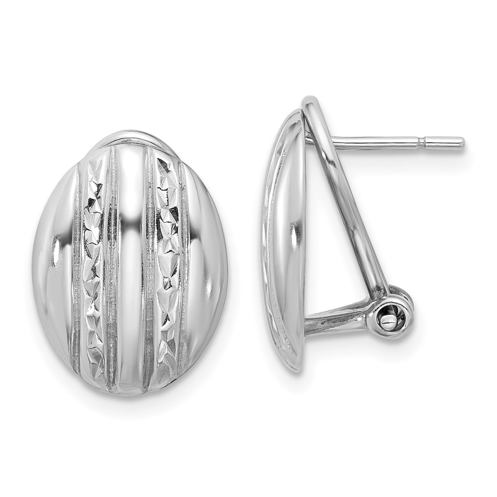 Sterling Silver RH-plated Polished Textured Oval Omega Back Earrings
