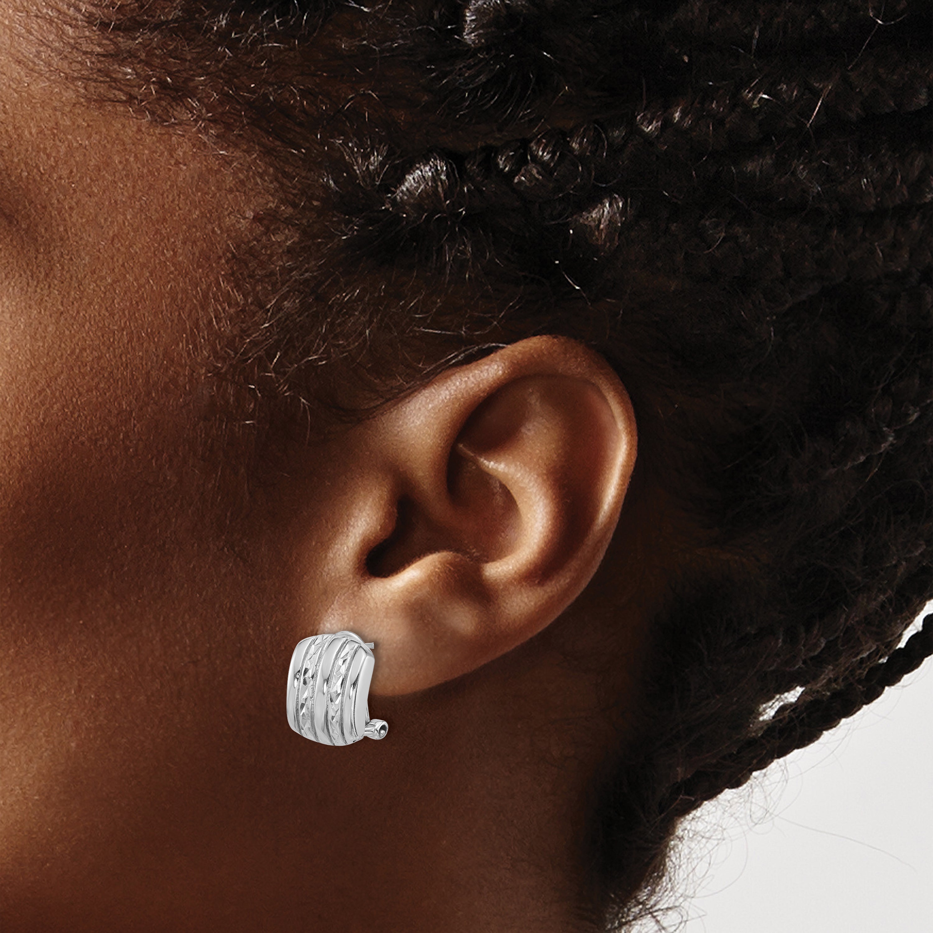 Sterling Silver Rhod-plated Polished and Textured Omega Back Earrings