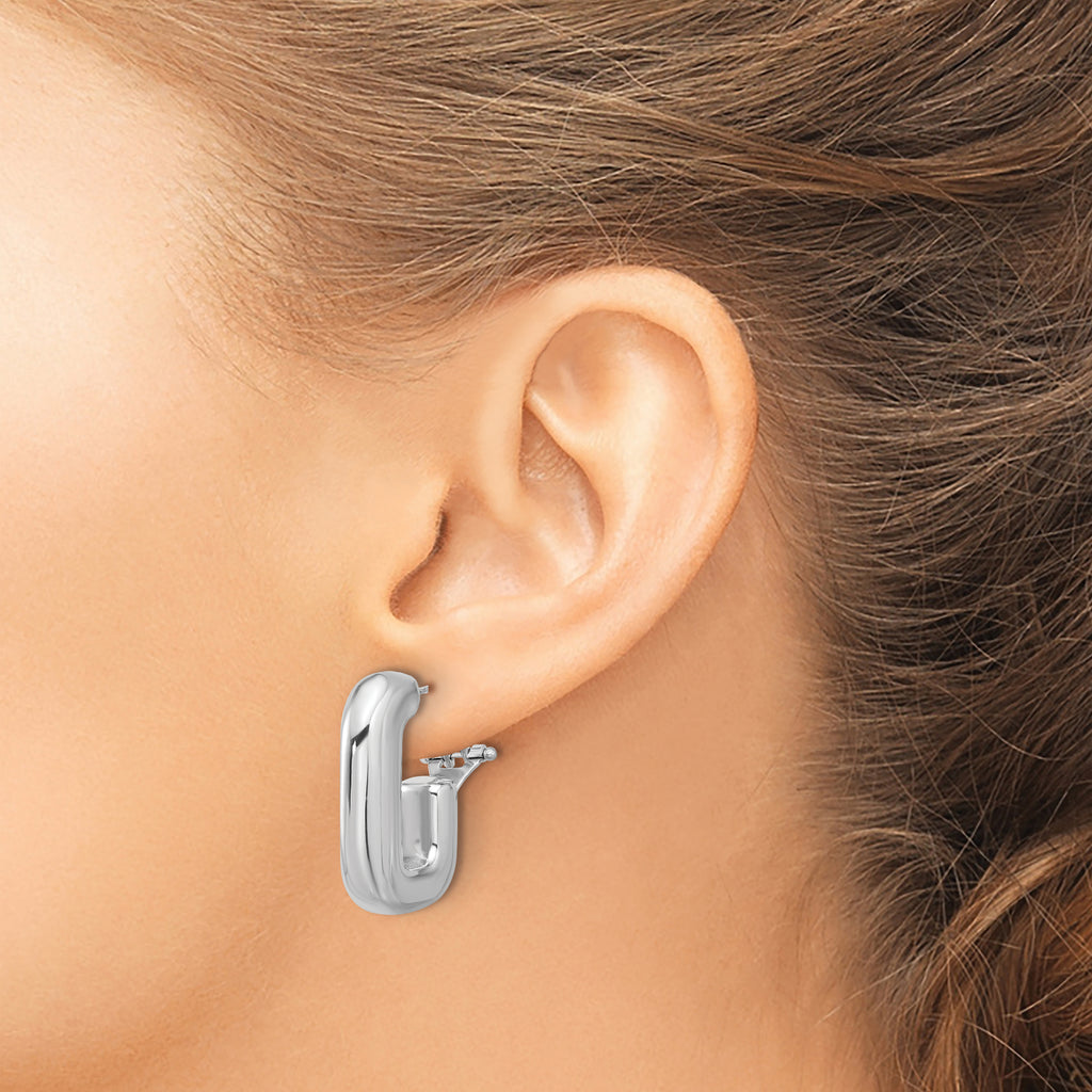 Sterling Silver RH-plated Polished J-Hoop Omega Back Post Earrings