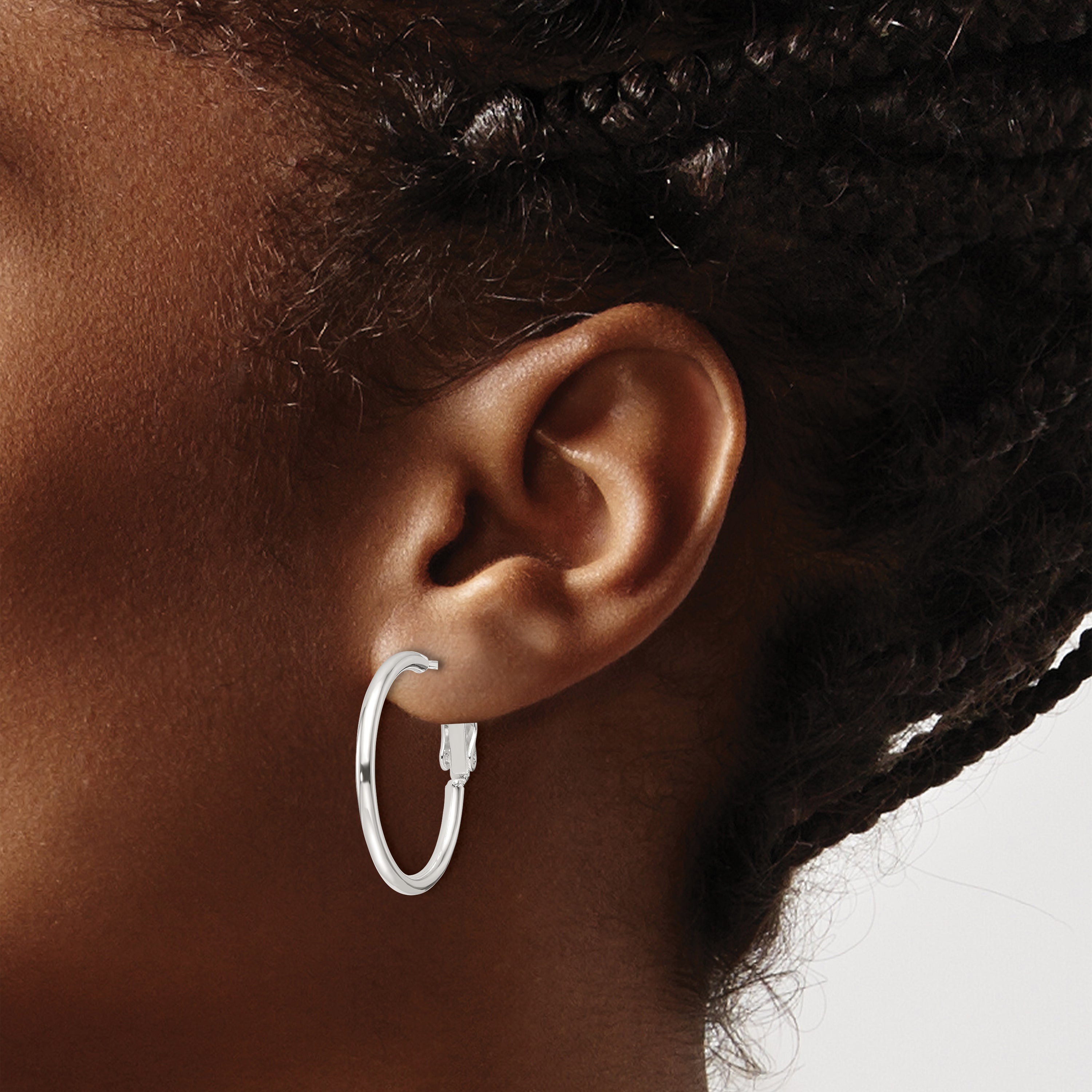 Sterling Silver Polished 25x2mm Omega Back Round Hoop Earrings