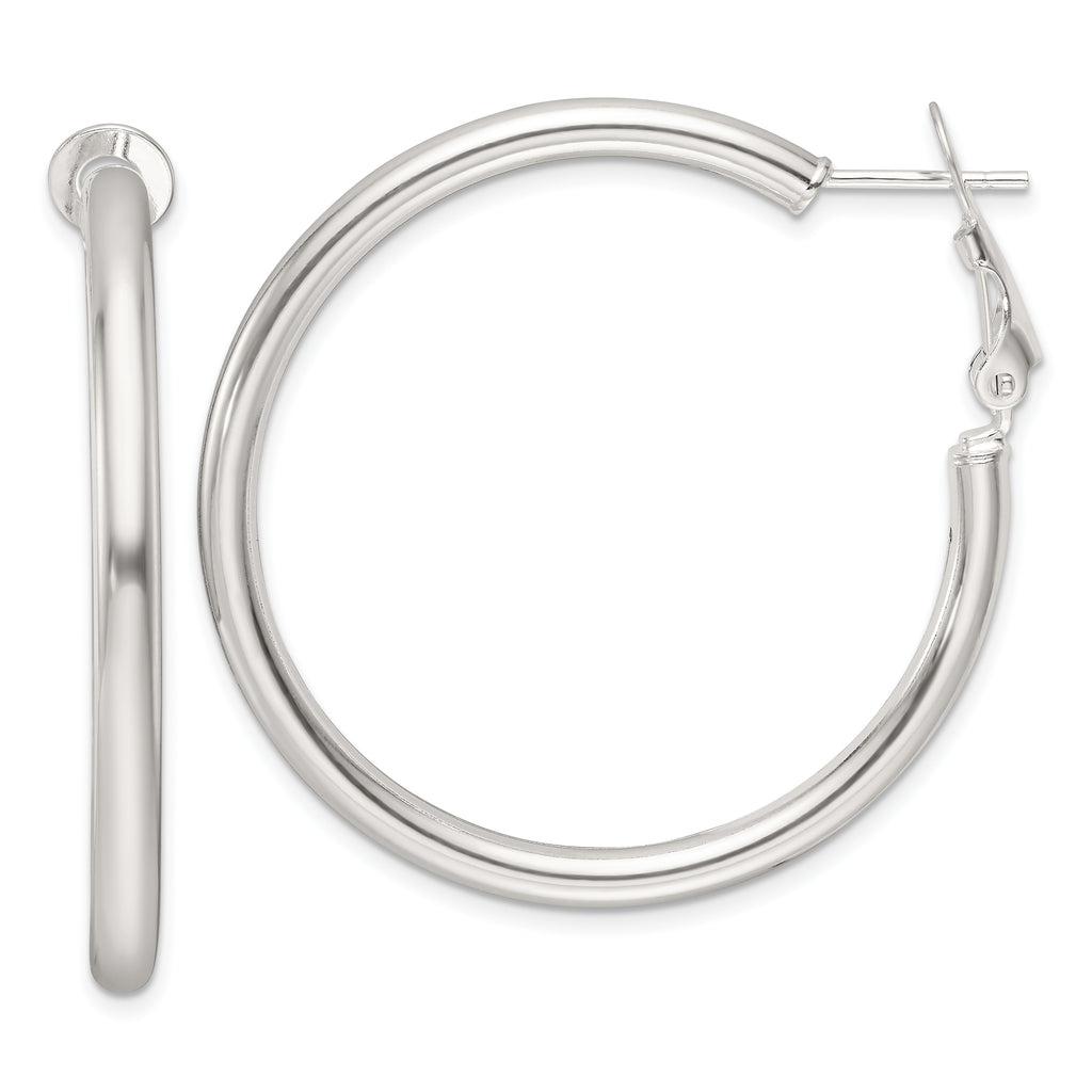Sterling Silver Polished 40x3.25mm Omega Back Round Hoop Earrings