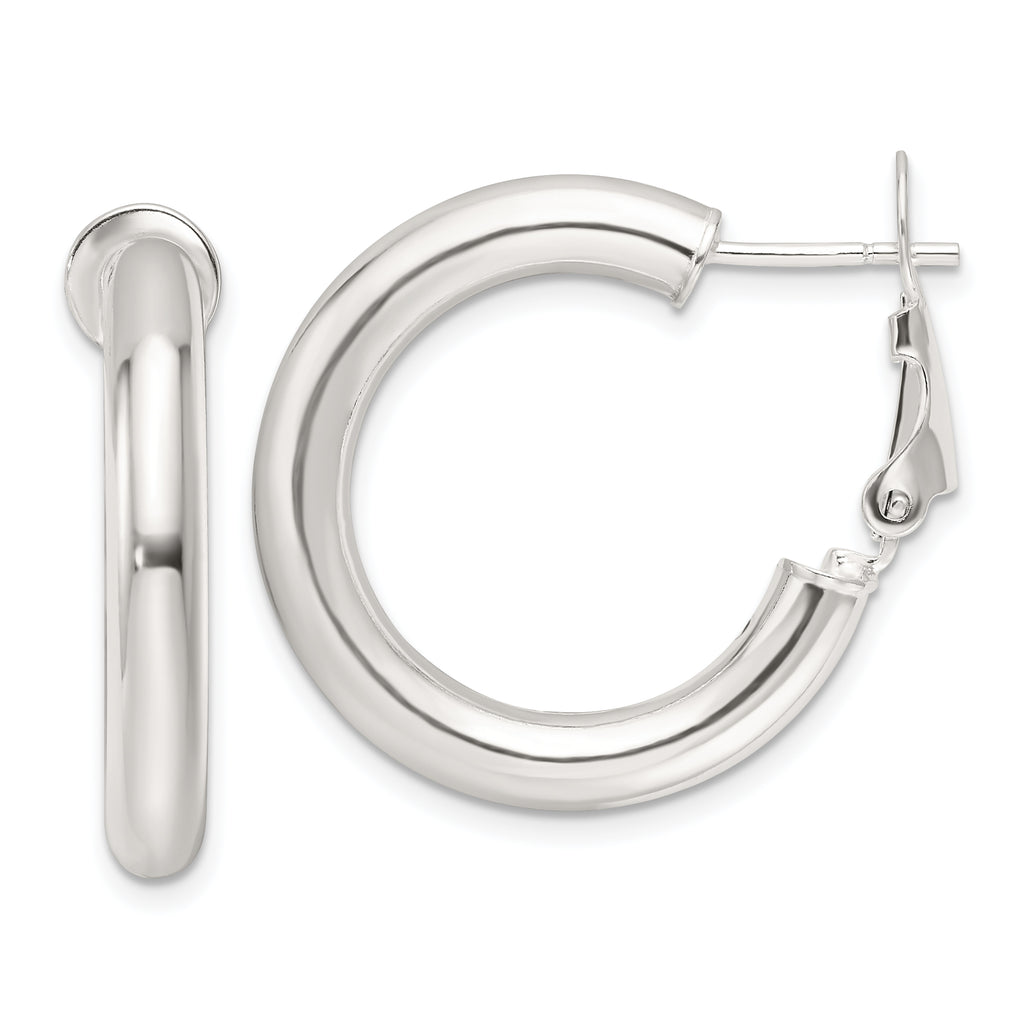 Sterling Silver Polished 25.5x4mm Omega Back Round Hoop Earrings