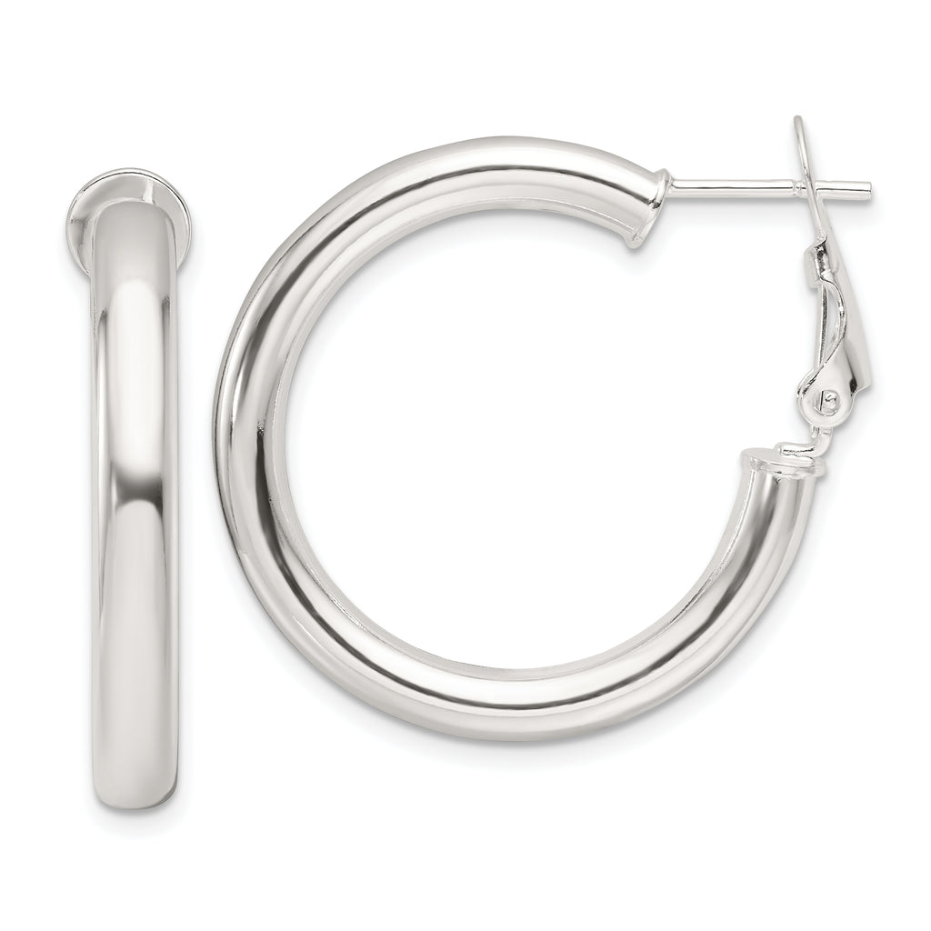 Sterling Silver Polished 30x4mm Omega Back Round Hoop Earrings
