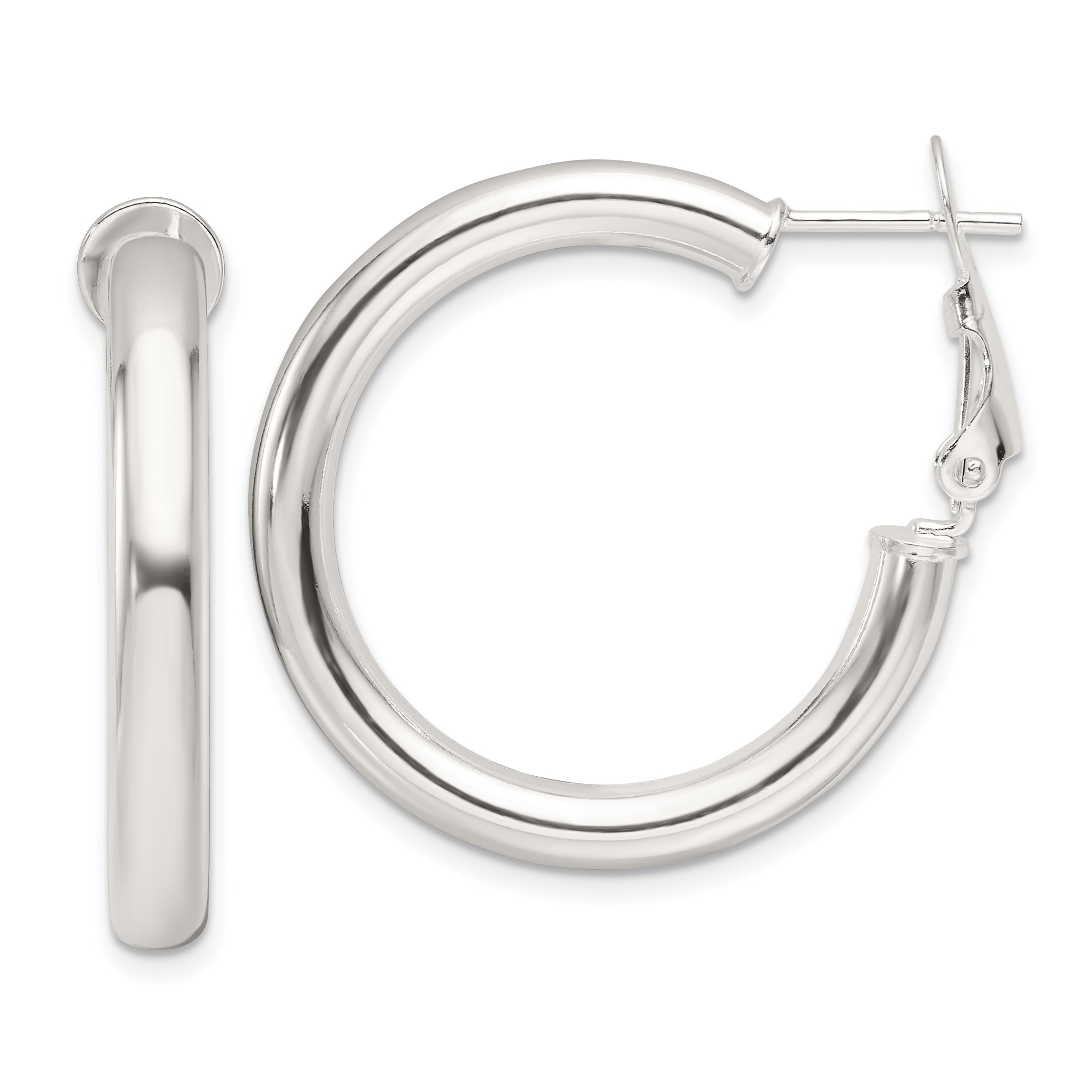 Sterling Silver Polished 30x4mm Omega Back Round Hoop Earrings