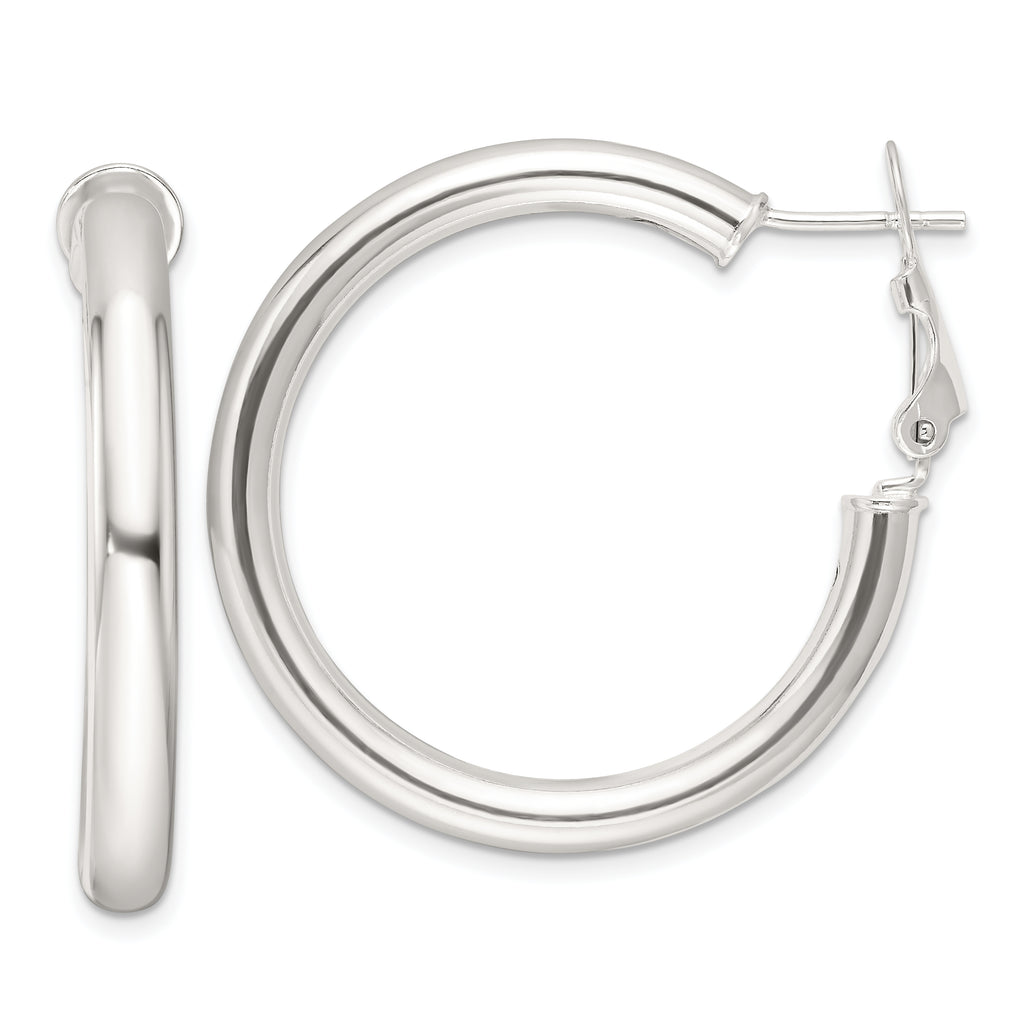 Sterling Silver Polished 4mm Omega Back Round Hoop Earrings