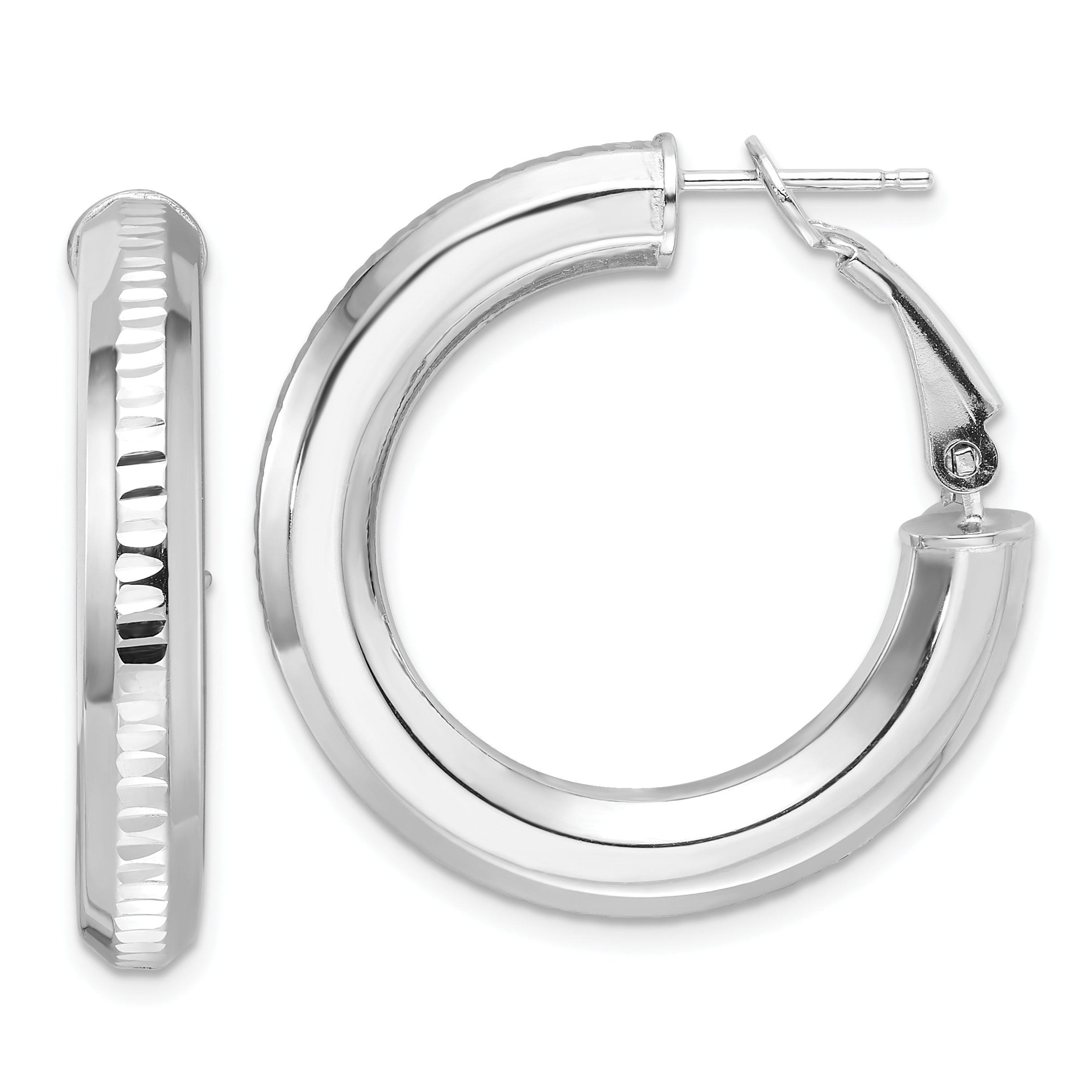 Sterling Silver RH-pltd D/C 4.75mm Omega Back Round Hoop Earrings Main image