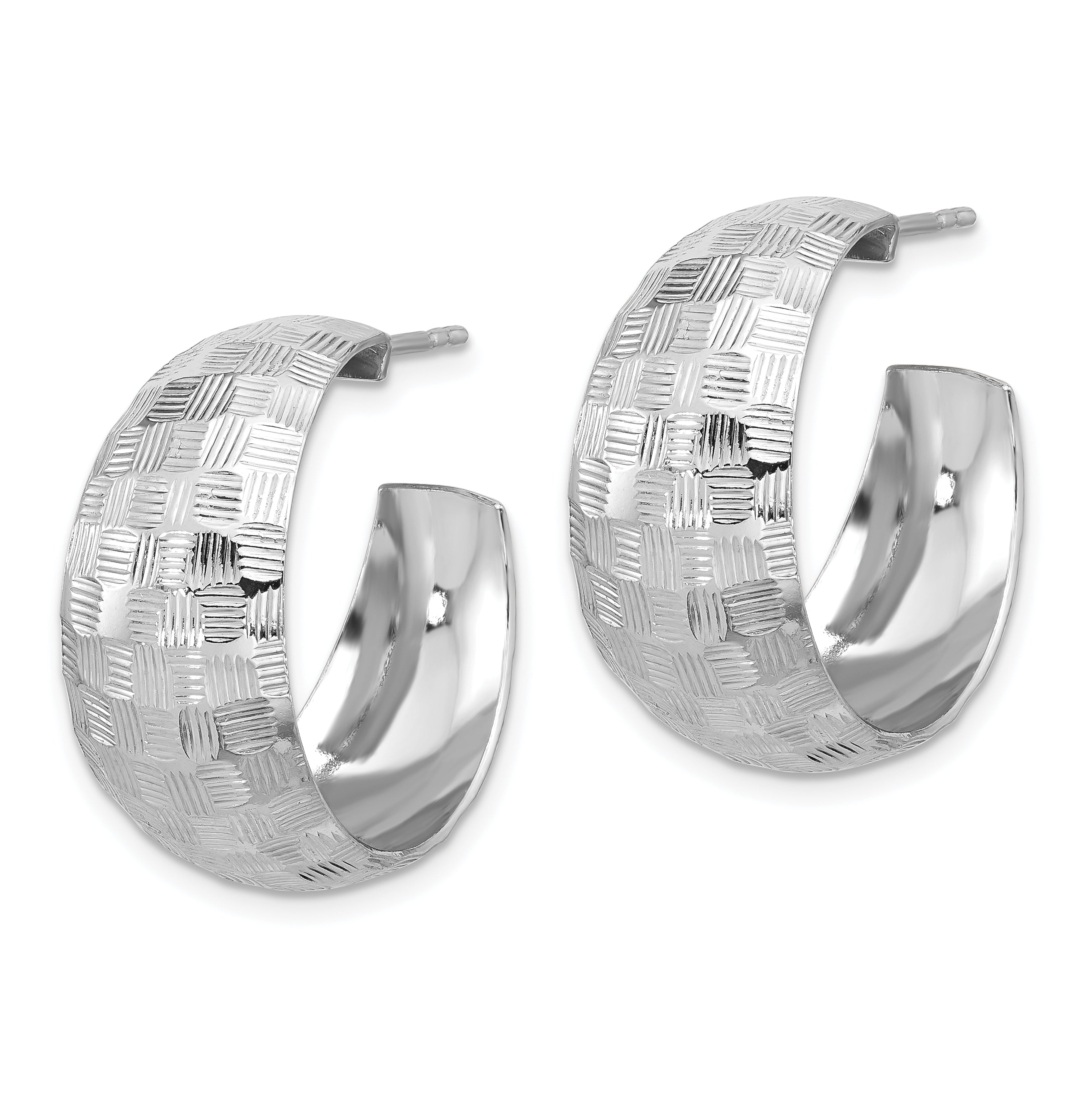 Sterling Silver Rhodium-plated Polish Textured C-Hoop Post Earrings Secondary image