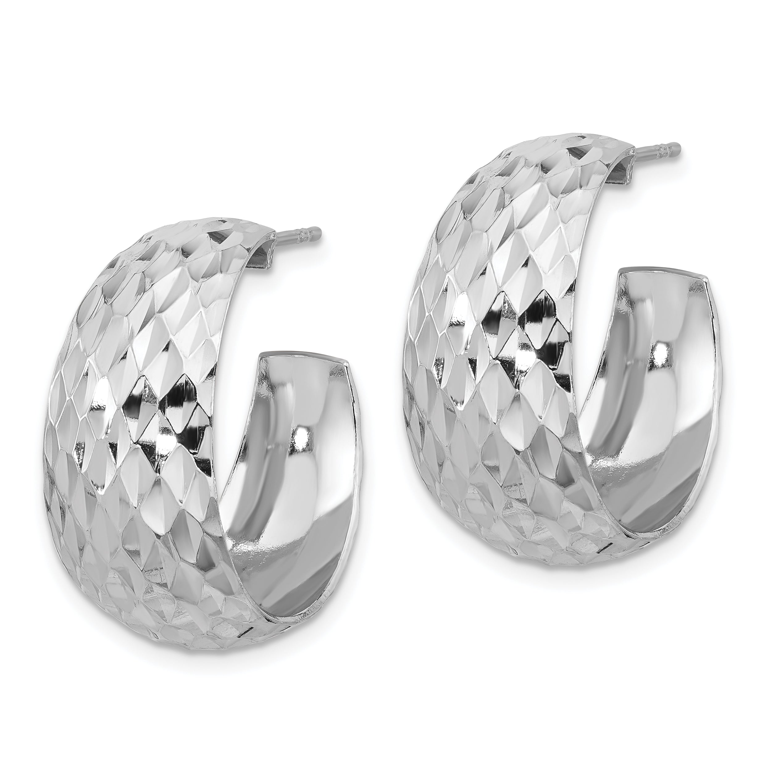 Sterling Silver Rhodium-plated Polish Textured C-Hoop Post Earrings Secondary image