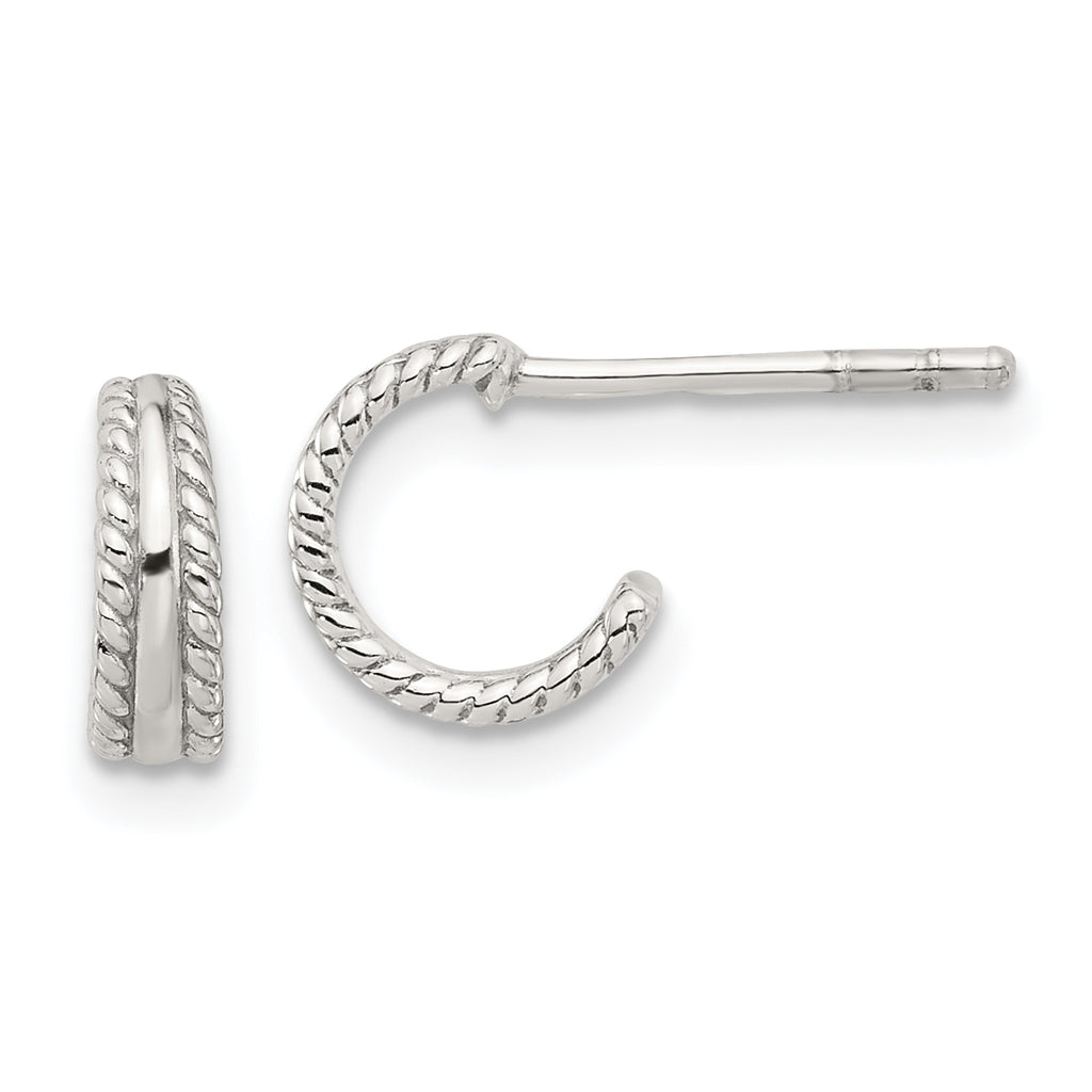 Sterling Silver E-coated Textured Edge C-Hoop Earrings