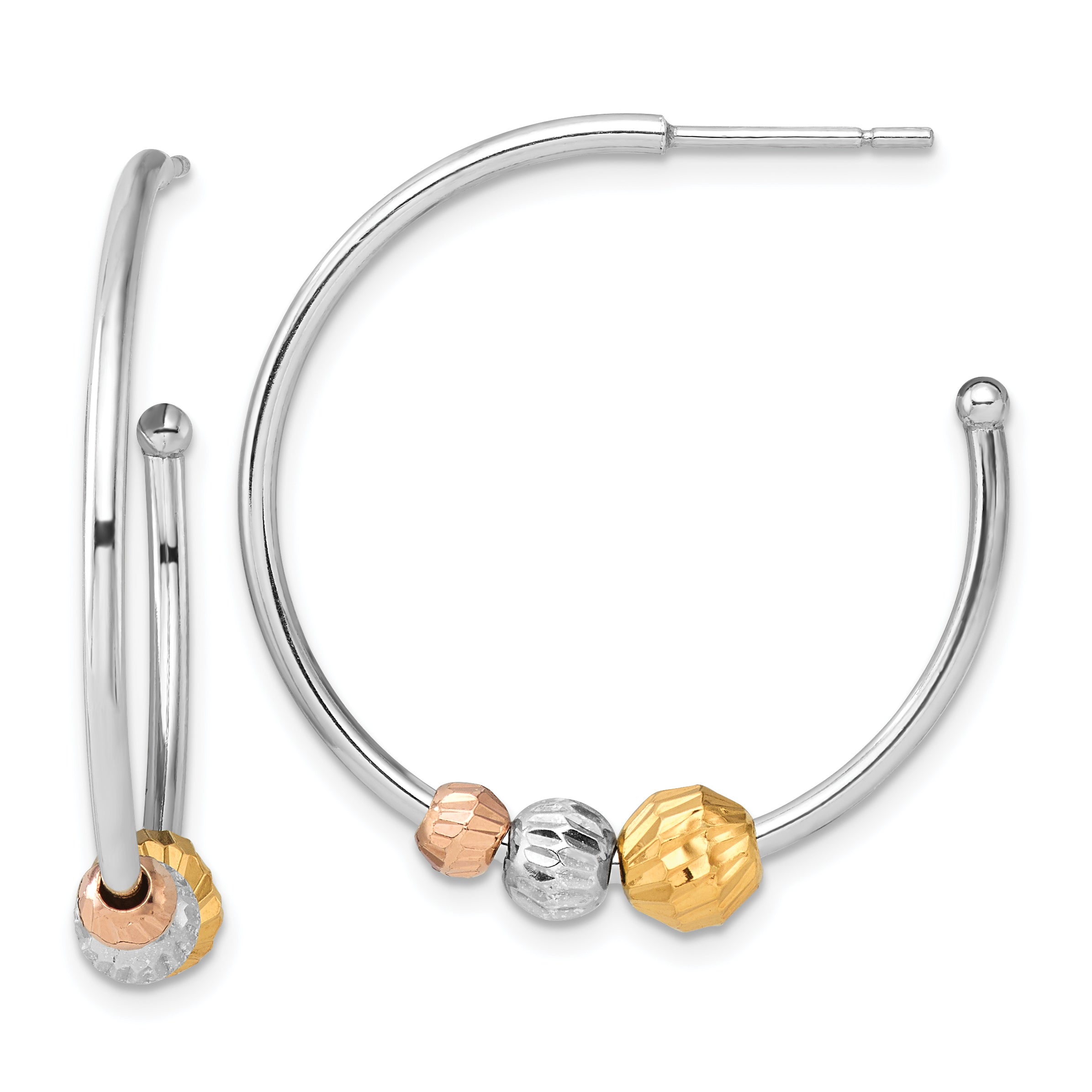 Sterling Silver RH-plated Rose/Gold-tone D/C Beaded C-Hoop Earrings Main image
