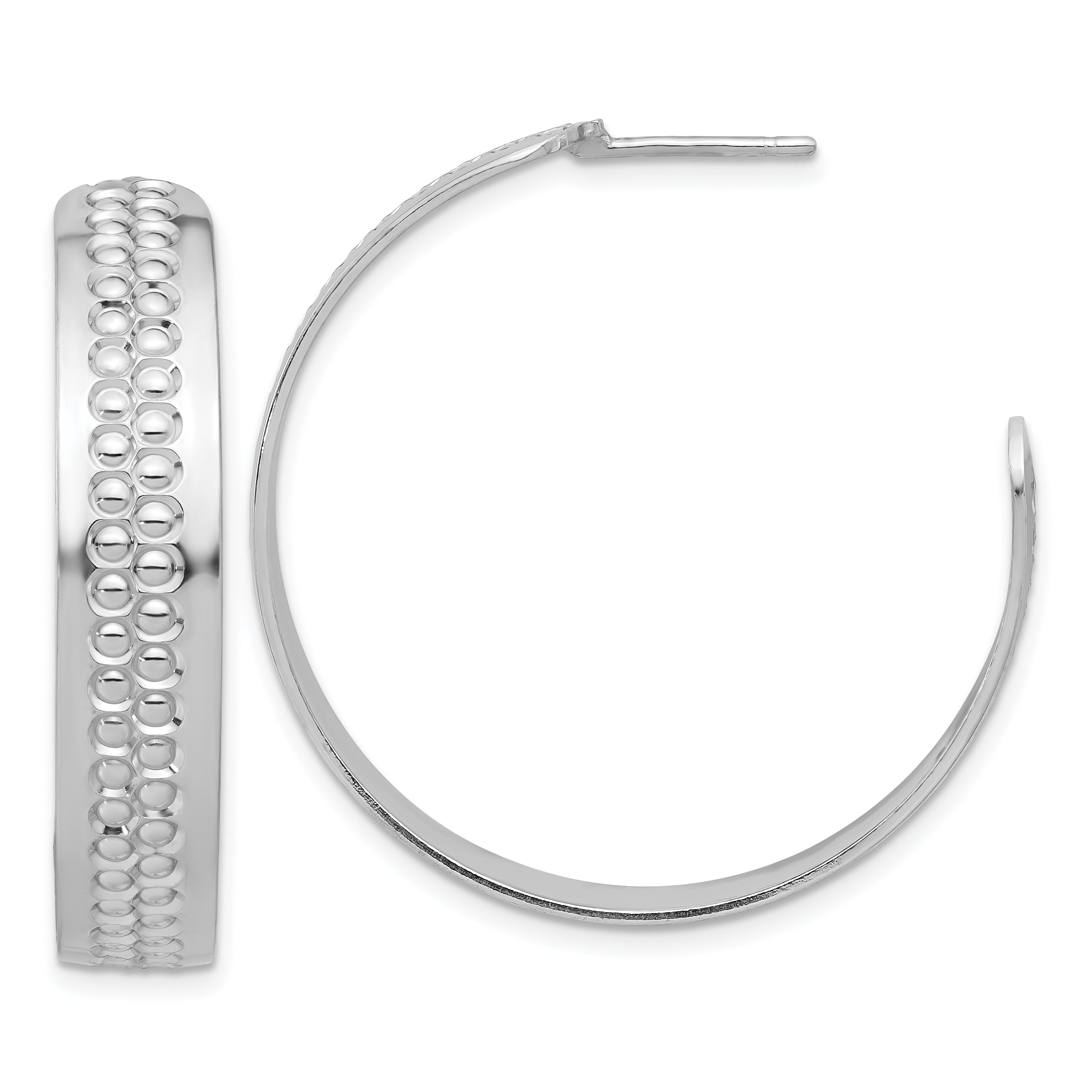Sterling Silver Rhodium Plated Polished and Textured C-Hoop Earrings Main image