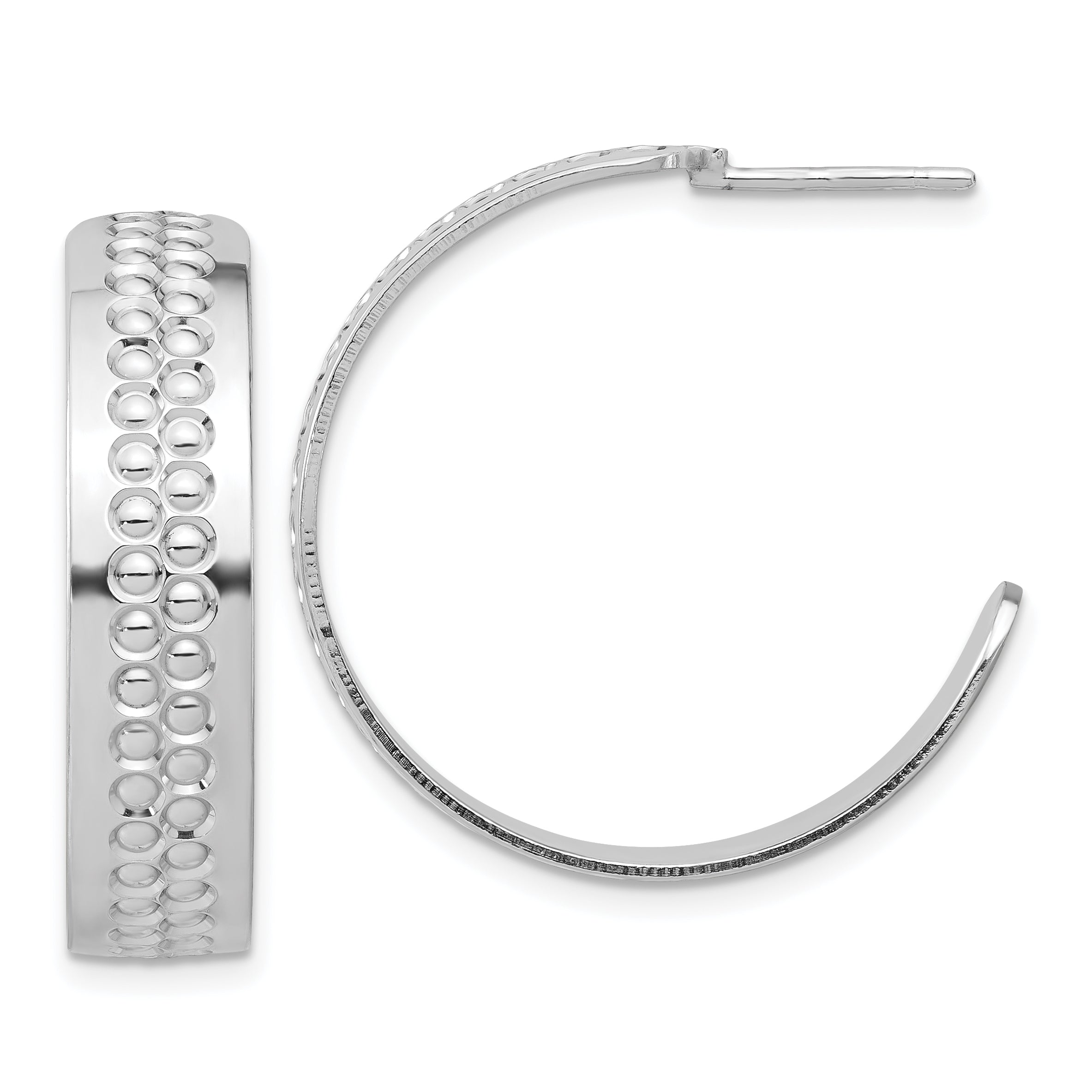 Sterling Silver Rhodium Plated Polished and Textured C-Hoop Earrings Main image
