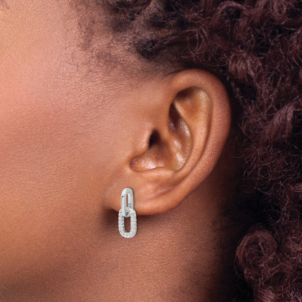 Sterling Silver Rhodium-plated Pave CZ Link Design Post Dangle Earrings