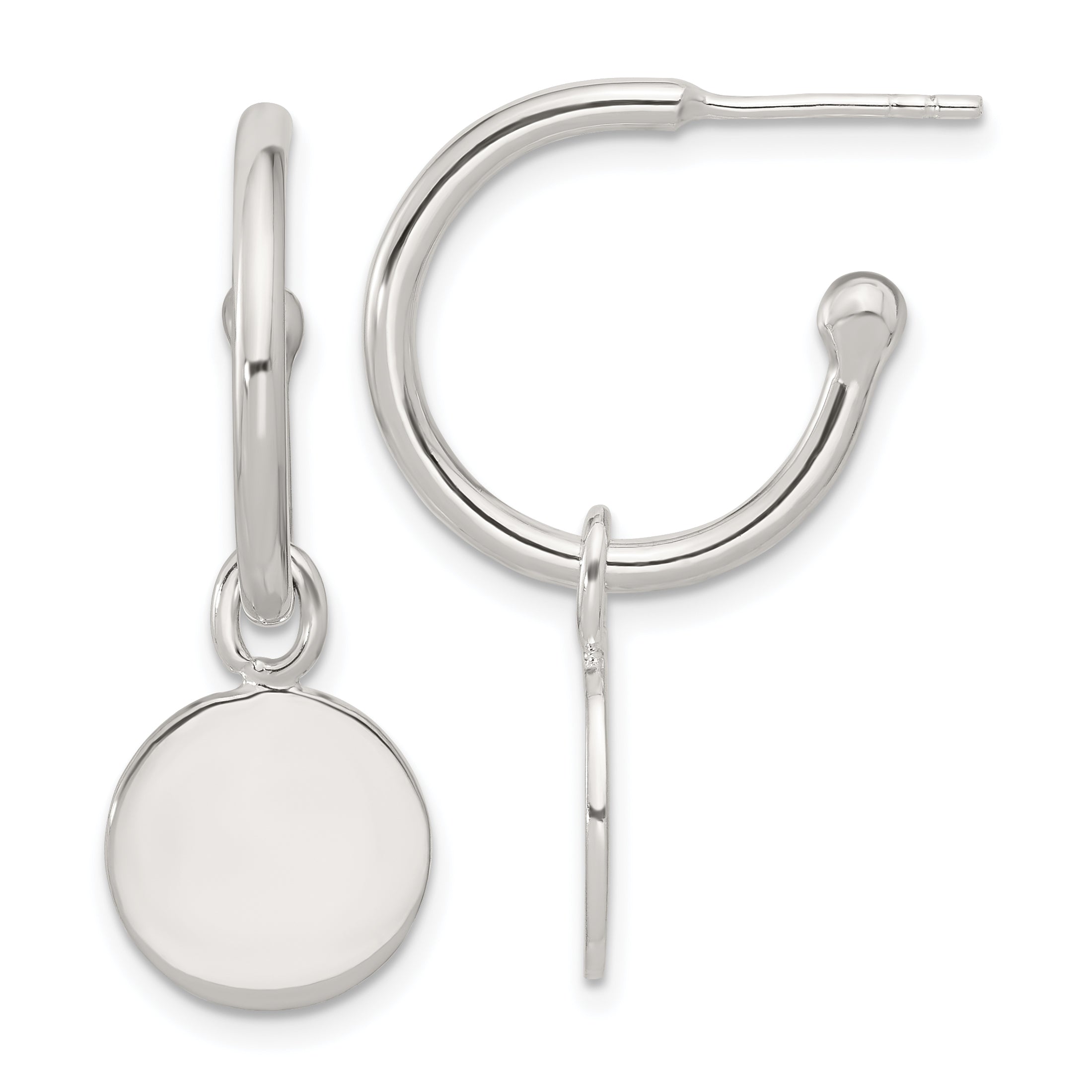 Sterling Silver Polished C-Hoop Dangle Disc Post Earrings Main image