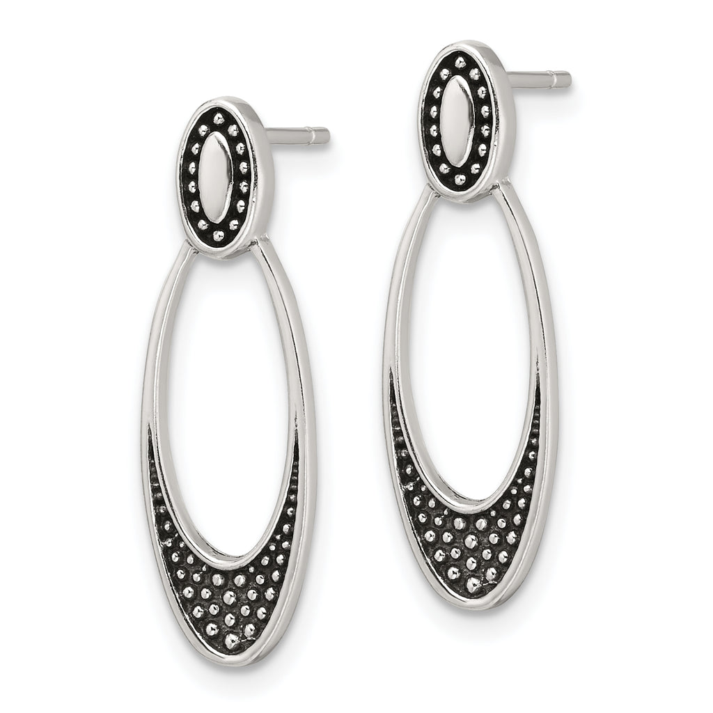 Sterling Silver Polished and Antiqued Oval Post Earrings