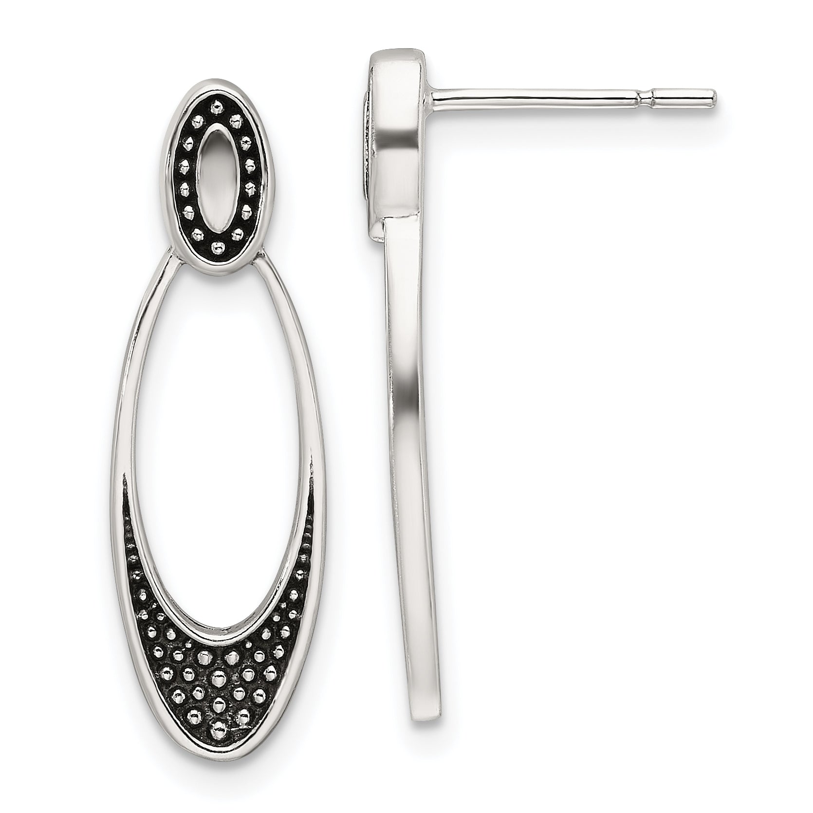 Sterling Silver Polished and Antiqued Oval Post Earrings