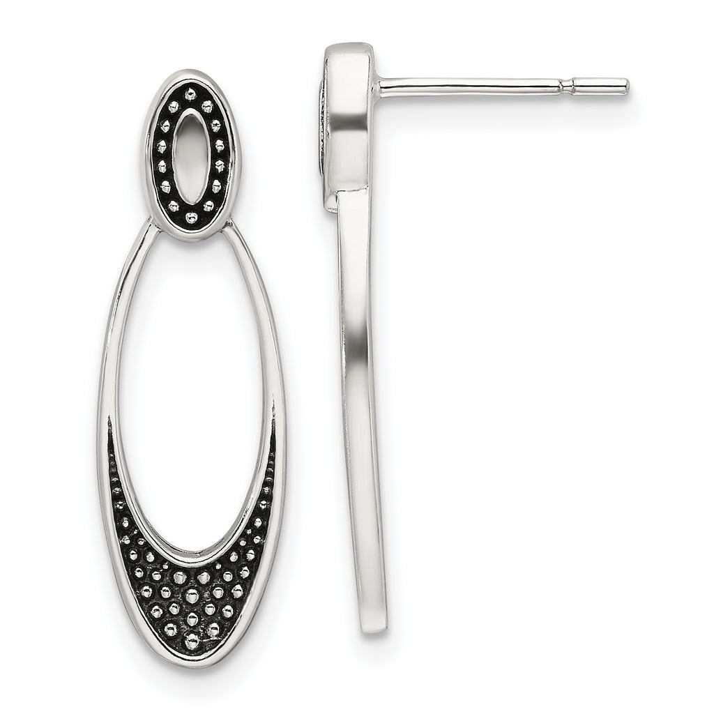 Sterling Silver Polished and Antiqued Oval Post Earrings