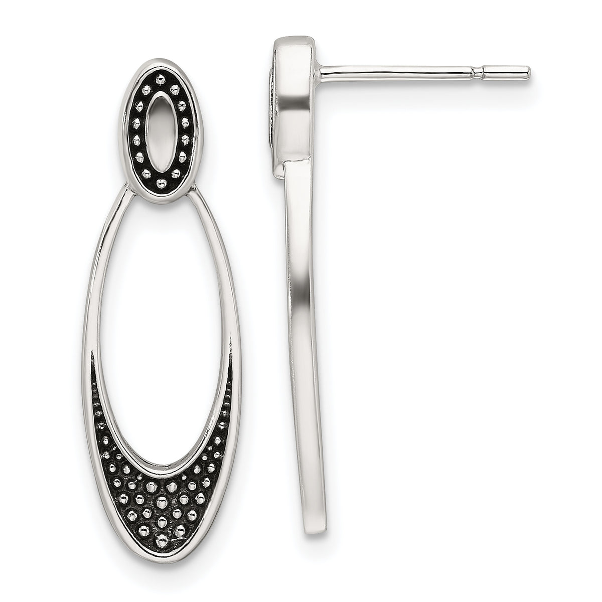 Sterling Silver Polished and Antiqued Oval Post Earrings