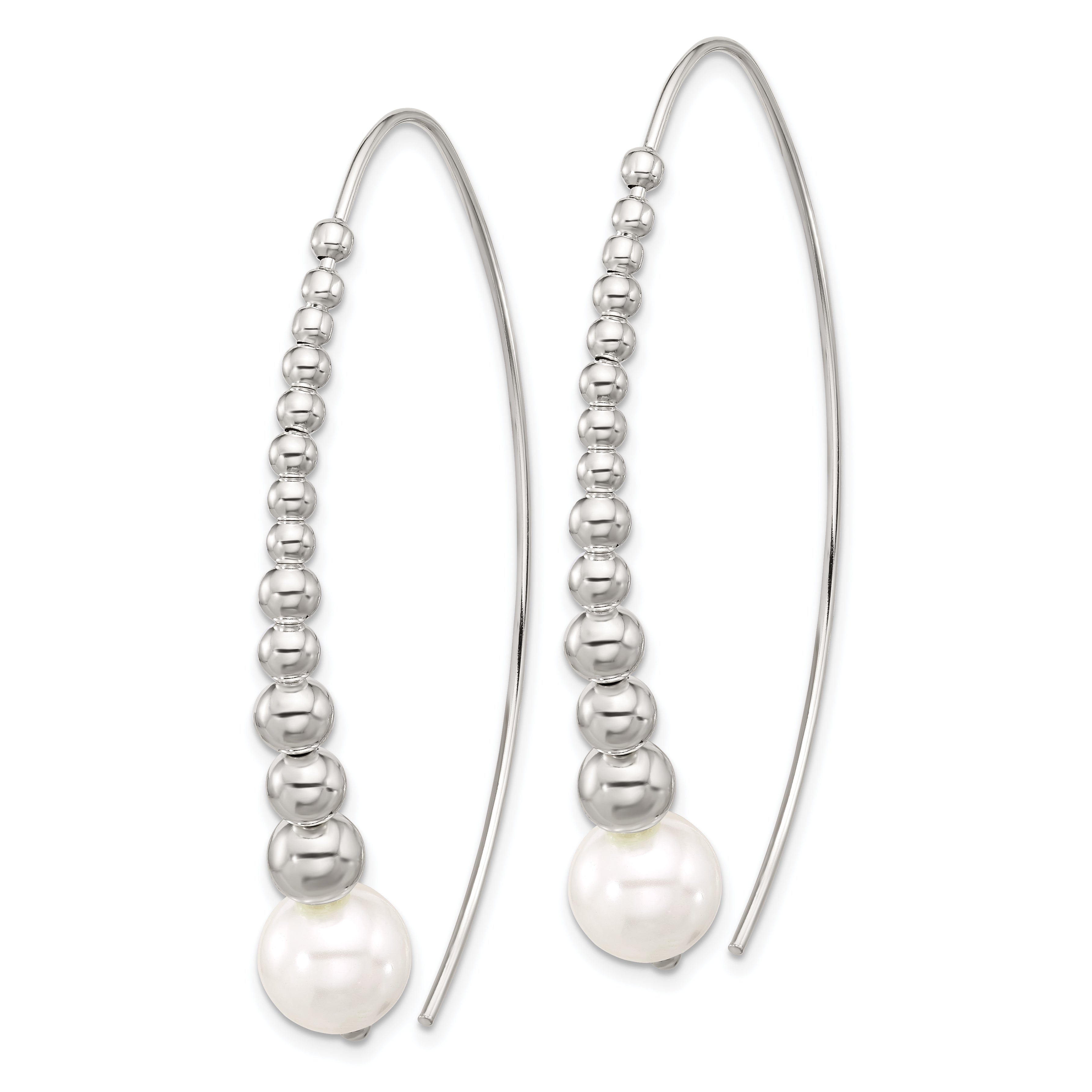 Sterling Silver Polished Beaded Simulated Pearl Threader Earrings Secondary image