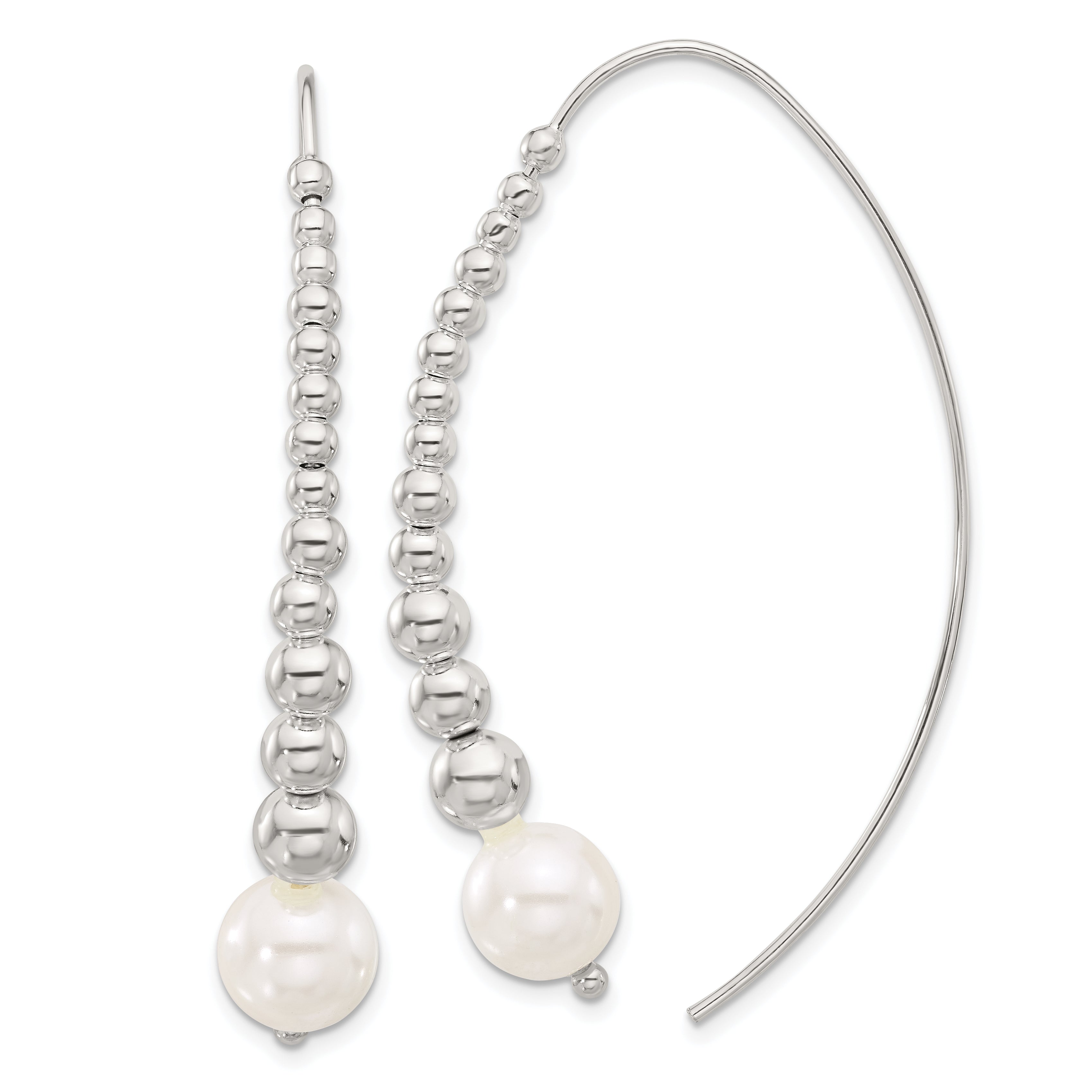 Sterling Silver Polished Beaded Simulated Pearl Threader Earrings Main image