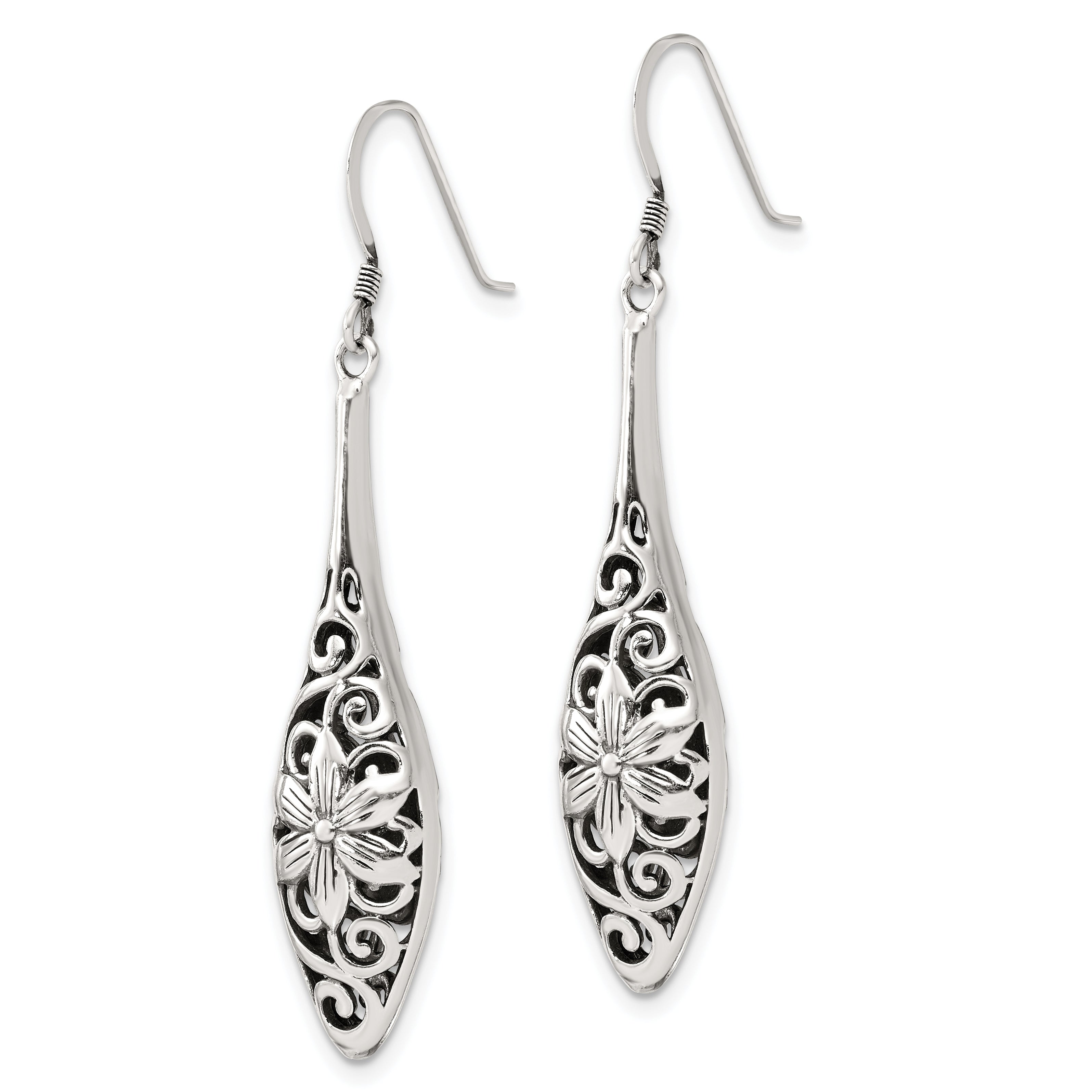 Sterling Silver Polished Antiqued Floral Teardrop Shepherd Hook Earrings Secondary image