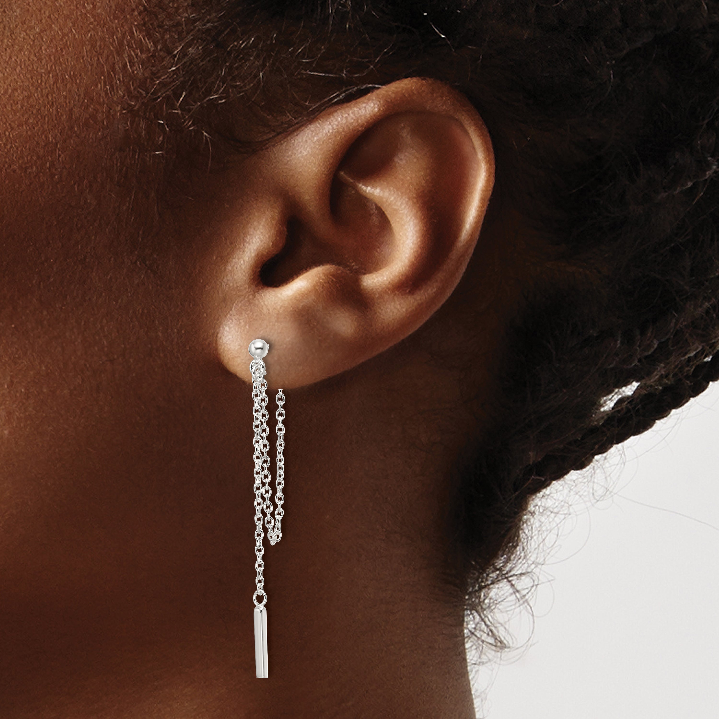 Sterling Silver Polished Bar Chain Dangle Post Earrings