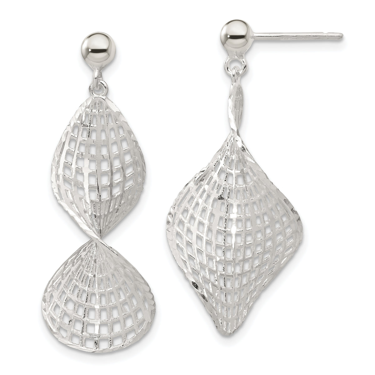 Sterling Silver RH-pltd Brushed Diamond-cut Twisted Post Dangle Earrings