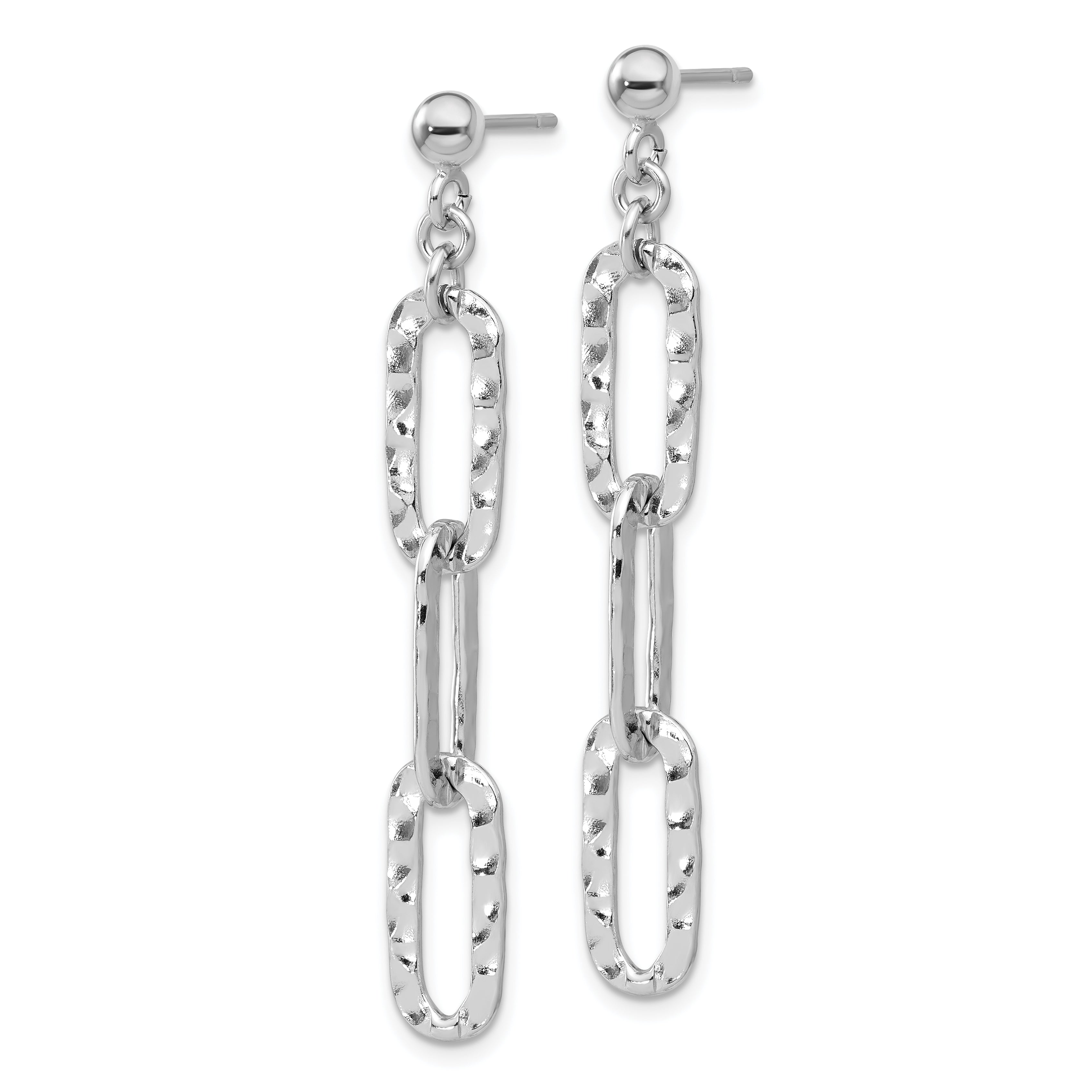 Sterling Silver RH-pltd Polished Hammered Chain Post Dangle Earrings Secondary image