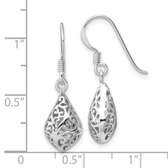 Sterling Silver Rhod-plated Polished Puffed Teardrop Filigree Earrings
