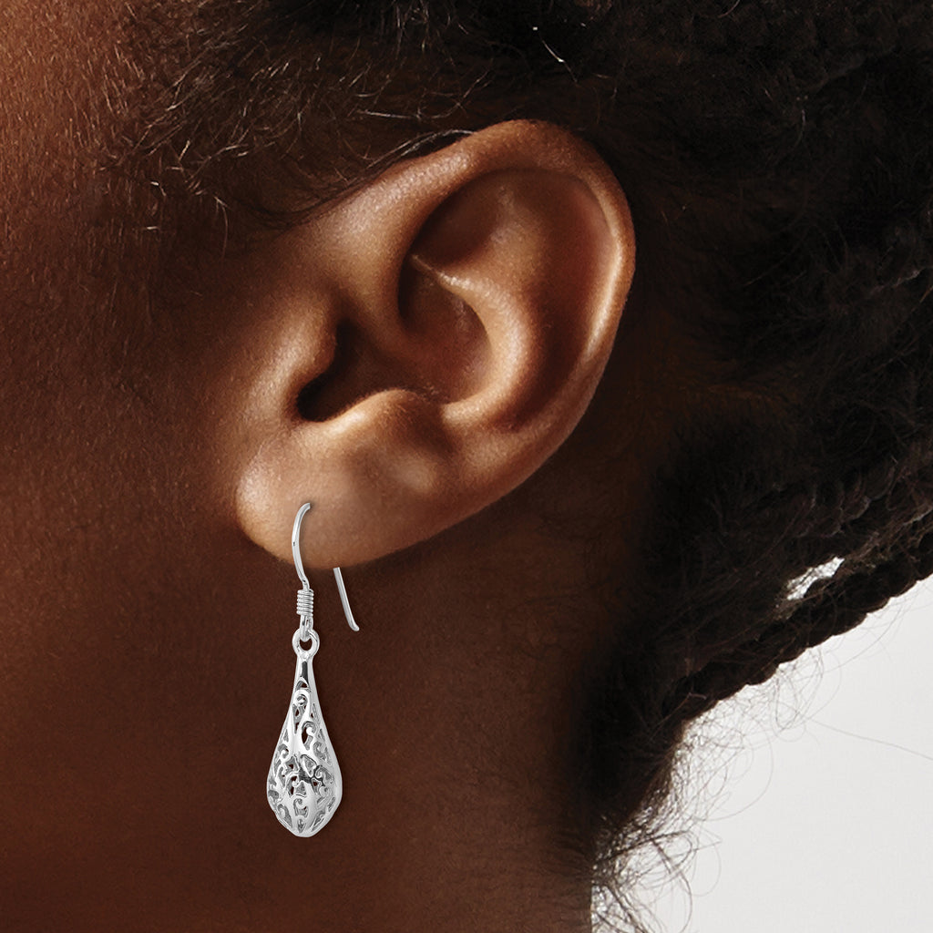 Sterling Silver Rhod-plated Polished Puffed Filigree Design Earrings