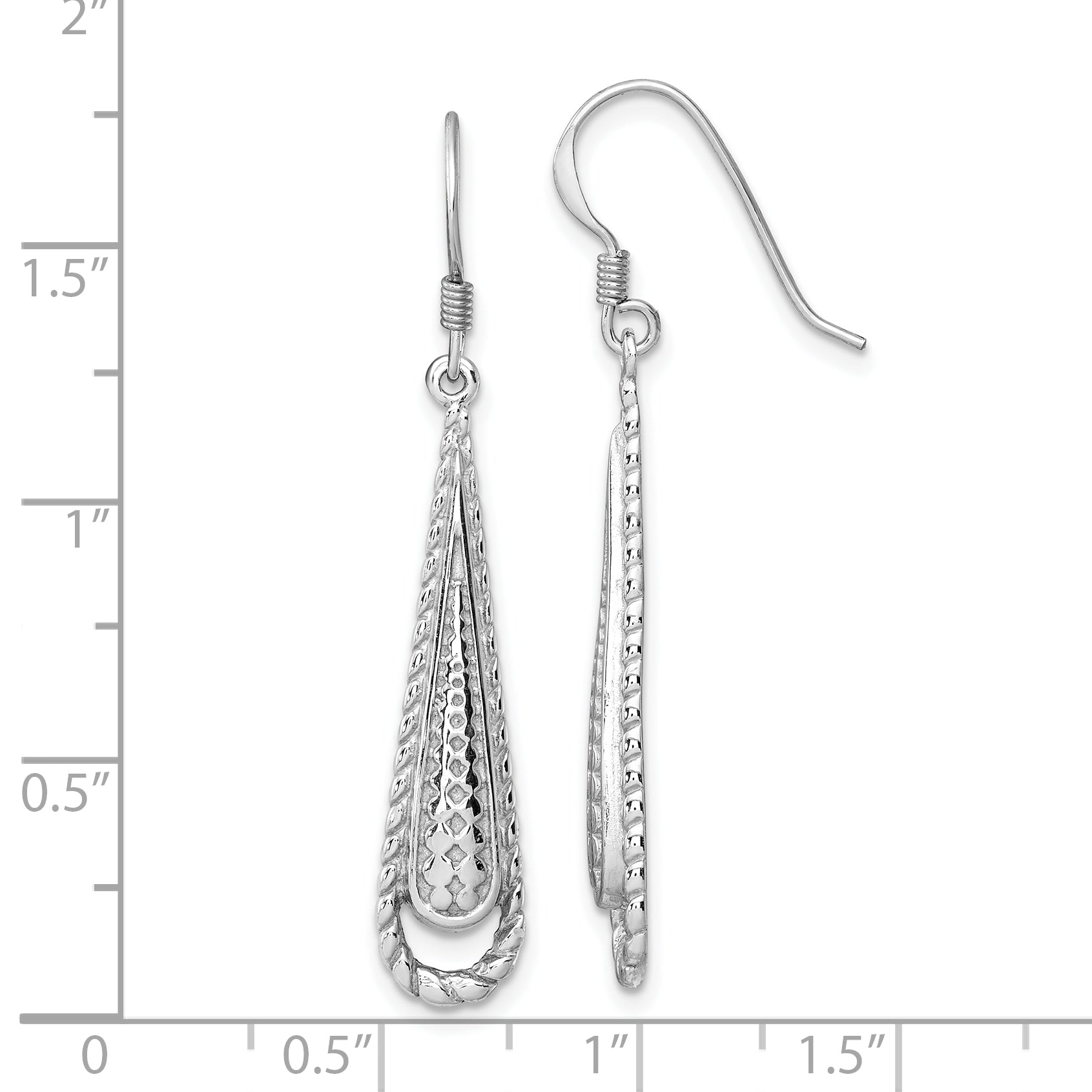Sterling Silver Rhod-plated Polished Textured Long Teardrop Earrings