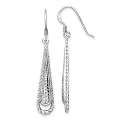 Sterling Silver Rhod-plated Polished Textured Long Teardrop Earrings