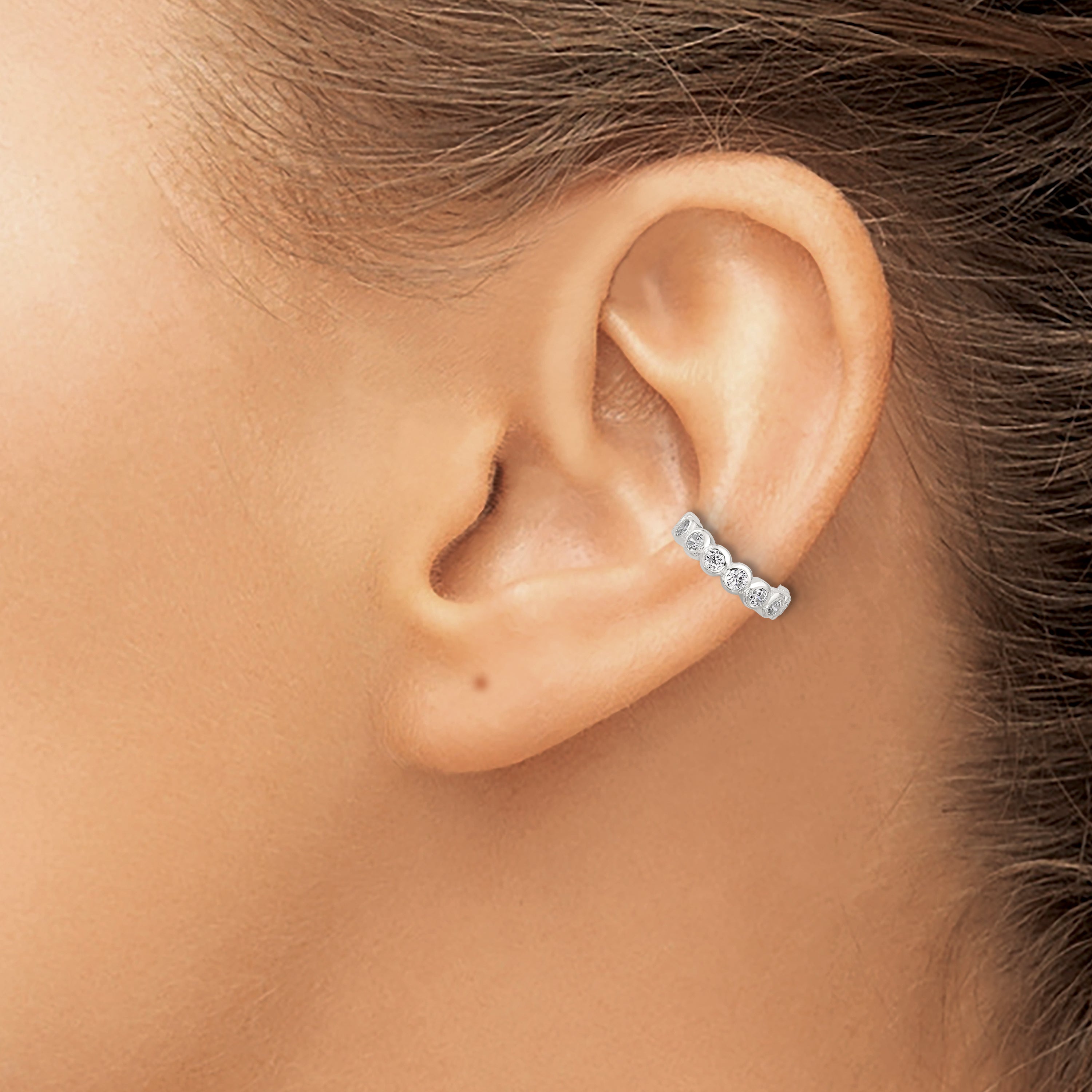 Sterling Silver E-Coating Polished CZ Bezel Pair of 2 Cuff Earrings