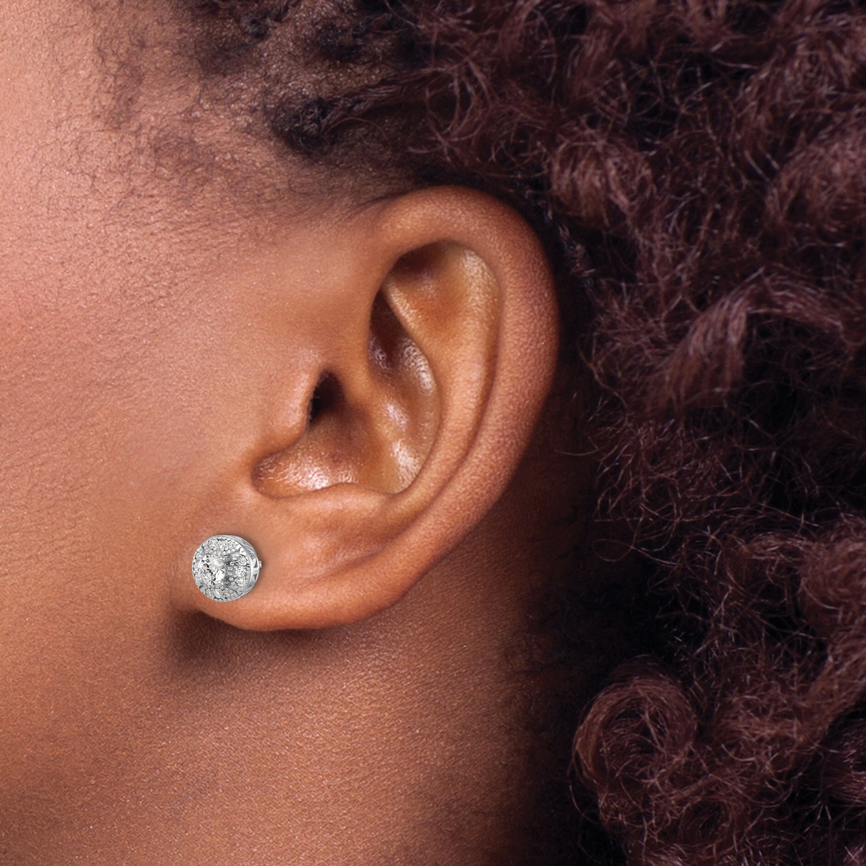 Sterling Silver Rhod-plated Textured Round CZ Cluster Post Earrings