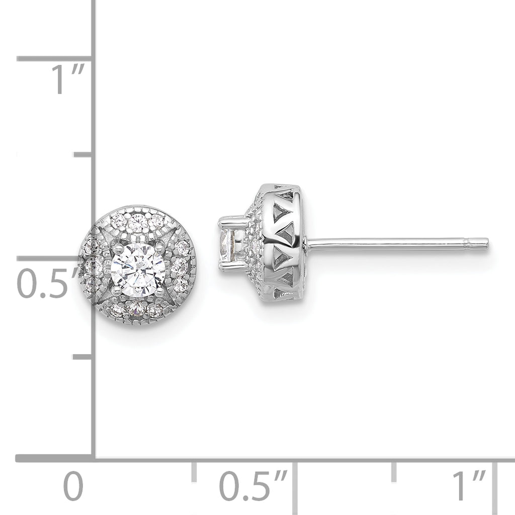 Sterling Silver Rhod-plated Textured Round CZ Cluster Post Earrings