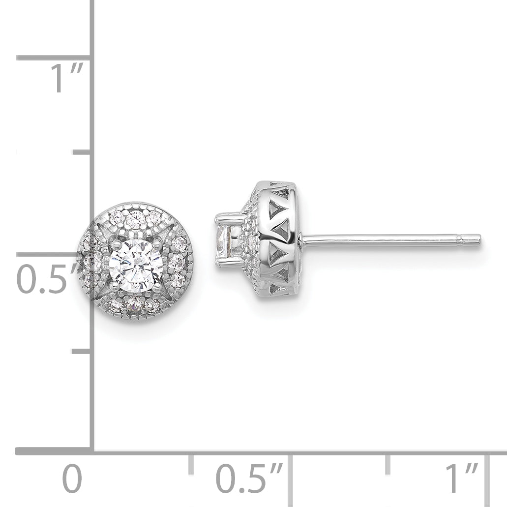 Sterling Silver Rhod-plated Textured Round CZ Cluster Post Earrings