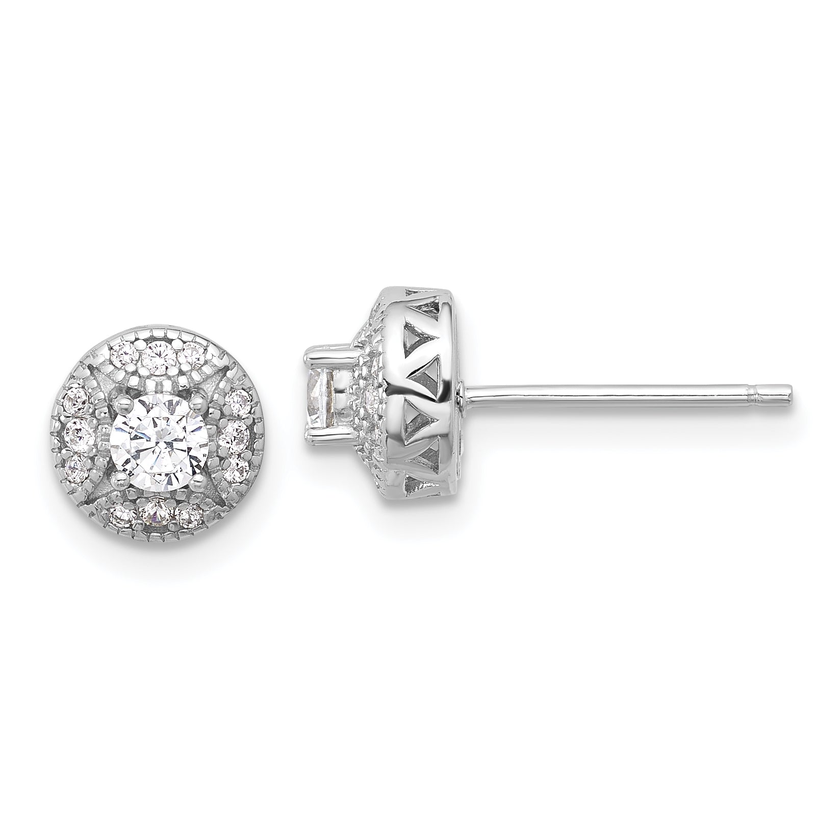 Sterling Silver Rhod-plated Textured Round CZ Cluster Post Earrings