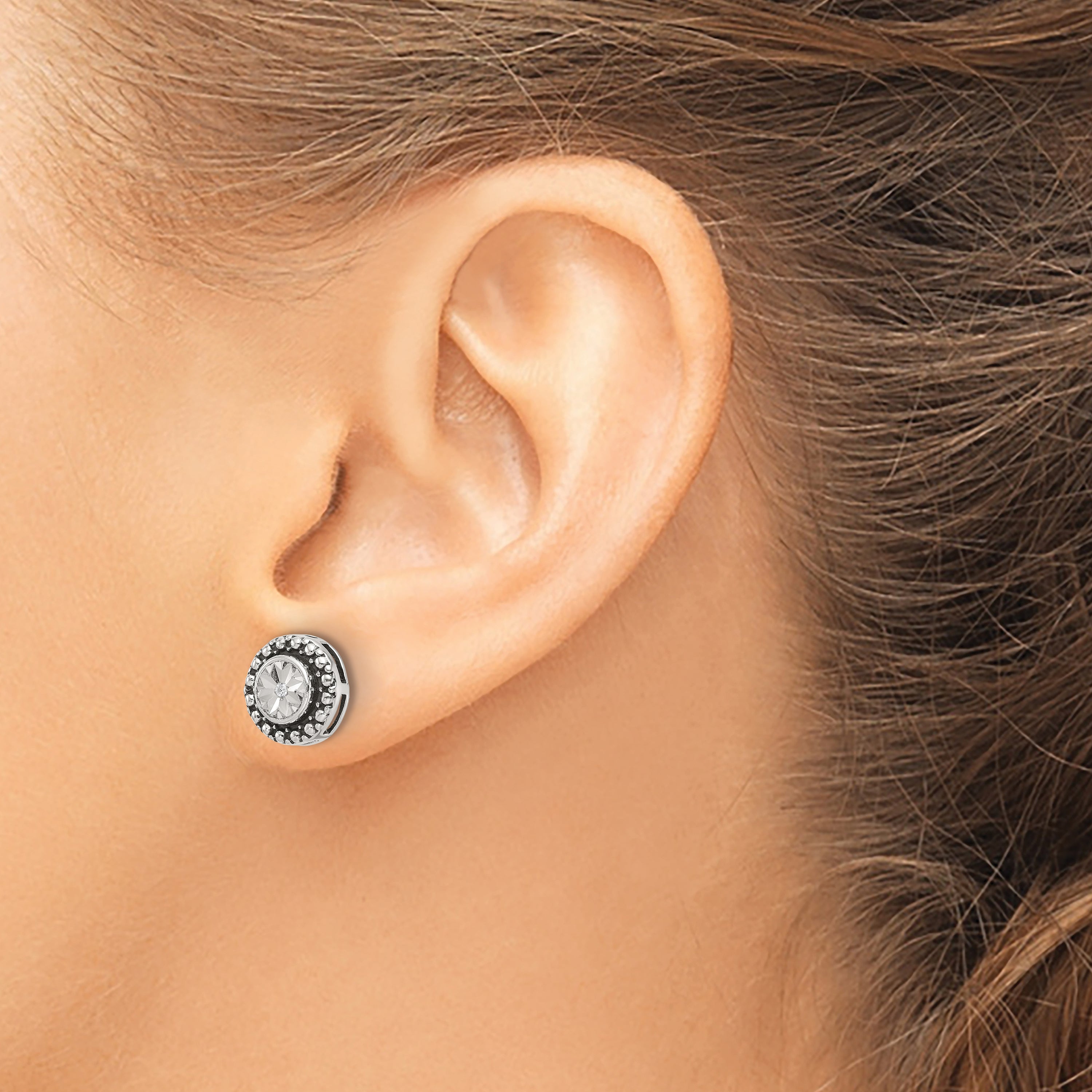 Sterling Silver Polished Antiqued and Diamond-cut CZ Post Earrings