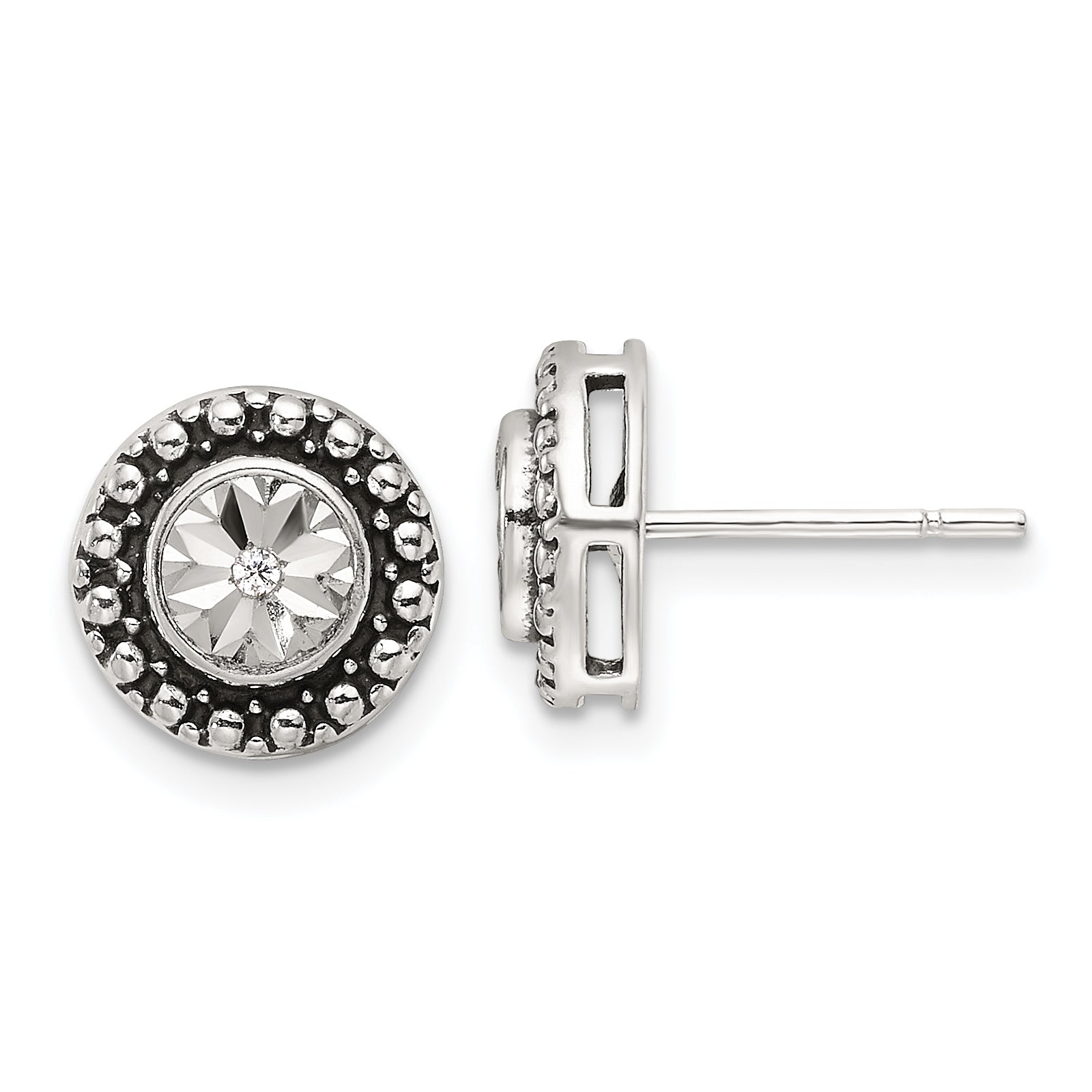 Sterling Silver Polished Antiqued and Diamond-cut CZ Post Earrings Main image