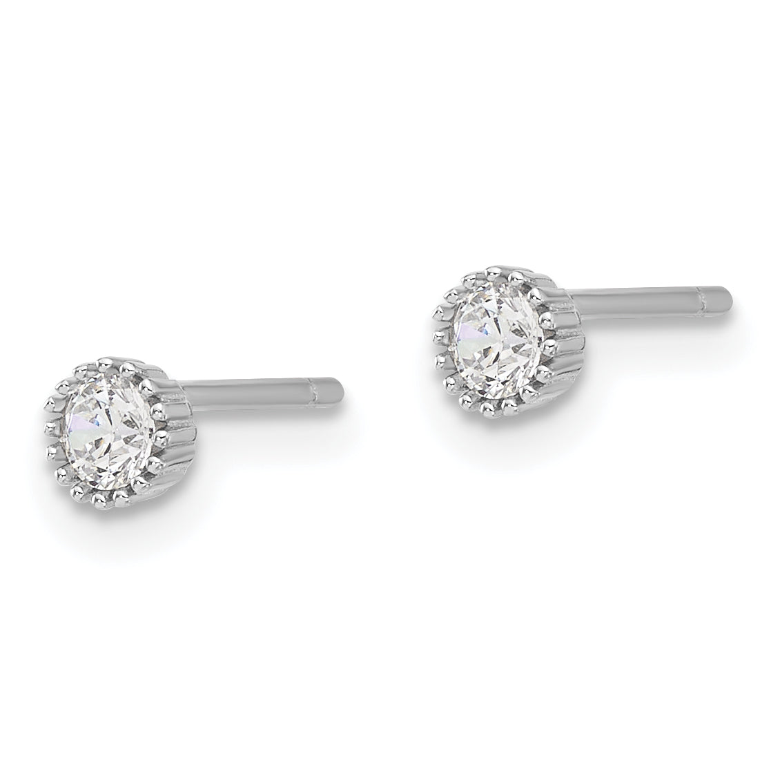 Sterling Silver Rhod-plated 3mm CZ Grooved Bezel Post Stud Earrings