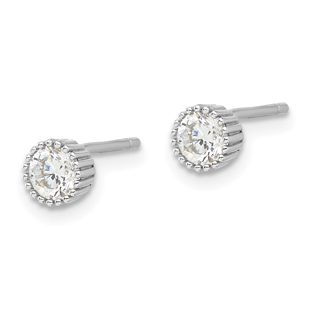 Sterling Silver Rhod-plated 4mm CZ Grooved Bezel Post Stud Earrings