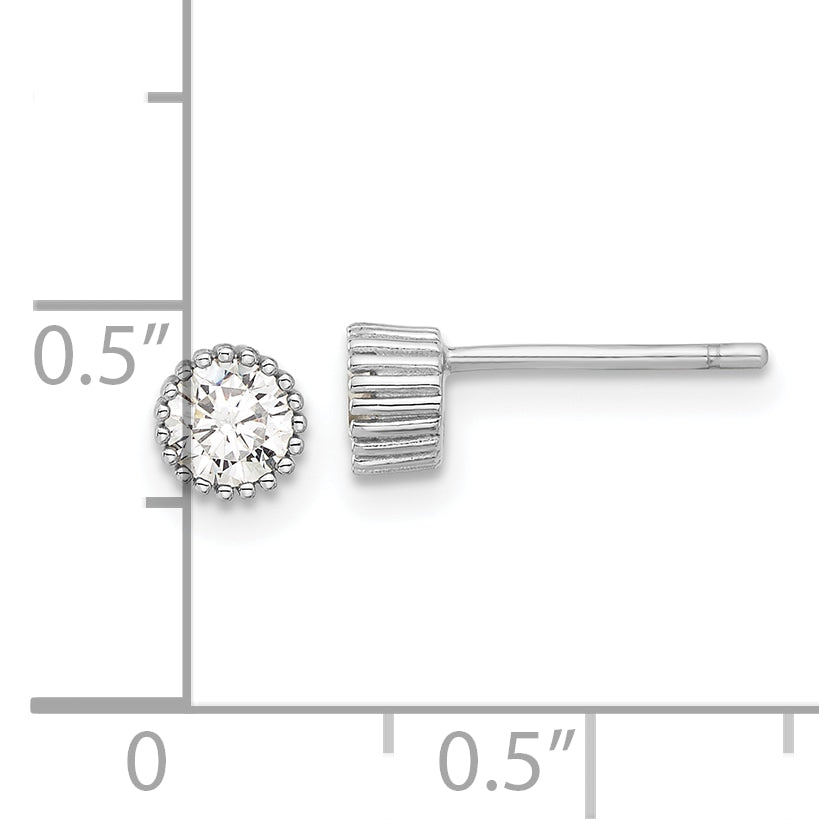 Sterling Silver Rhod-plated 4mm CZ Grooved Bezel Post Stud Earrings