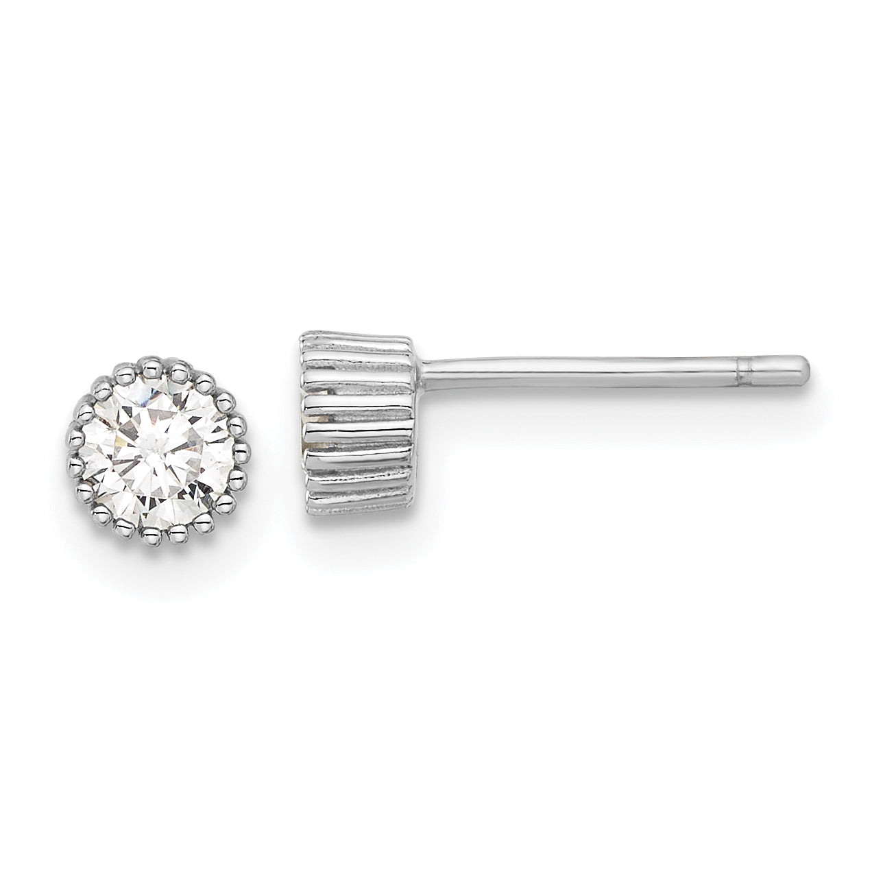 Sterling Silver Rhod-plated 4mm CZ Grooved Bezel Post Stud Earrings