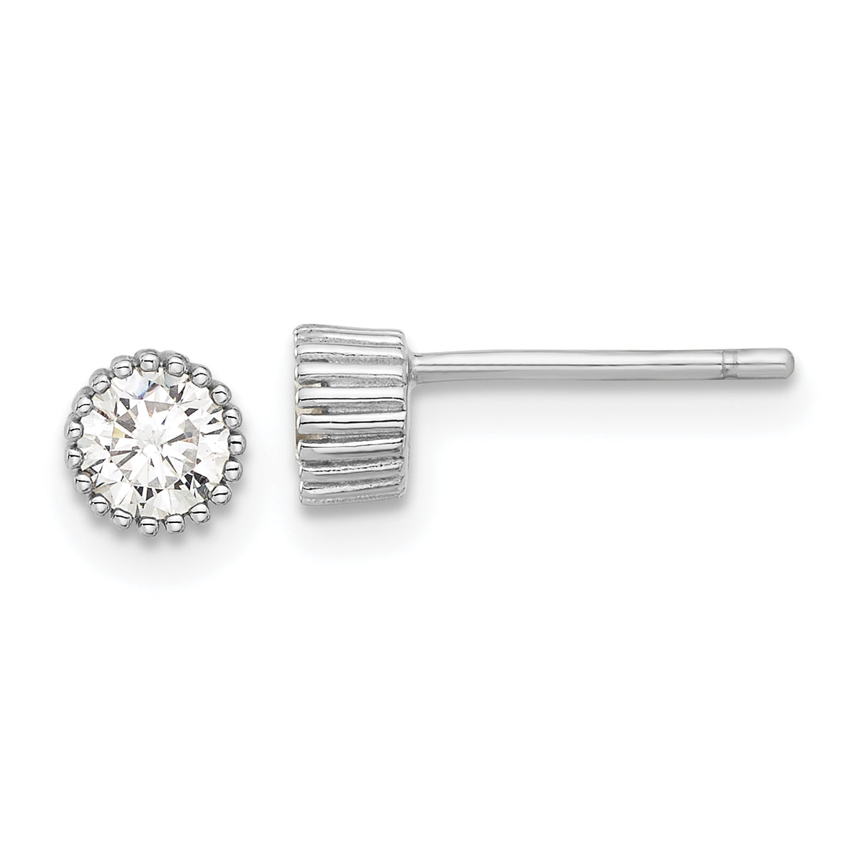 Sterling Silver Rhod-plated 4mm CZ Grooved Bezel Post Stud Earrings