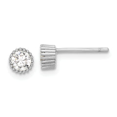Sterling Silver Rhod-plated 4mm CZ Grooved Bezel Post Stud Earrings