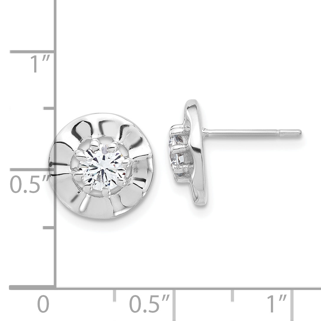 Sterling Silver Rhodium-plated Polished & Rippled Halo CZ Post Earrings