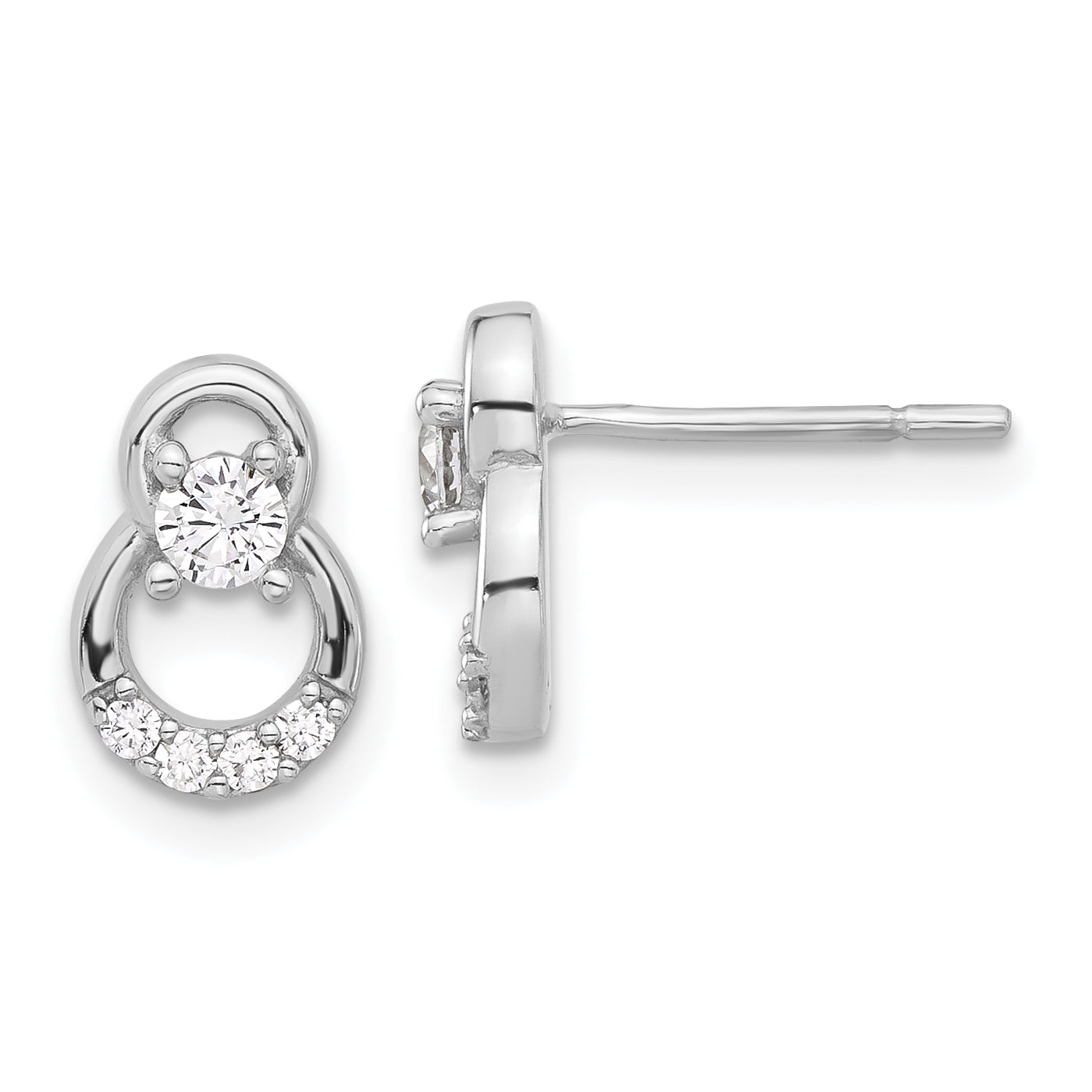Sterling Silver Rhod-plated Polished Fancy CZ Double Circle Post Earrings