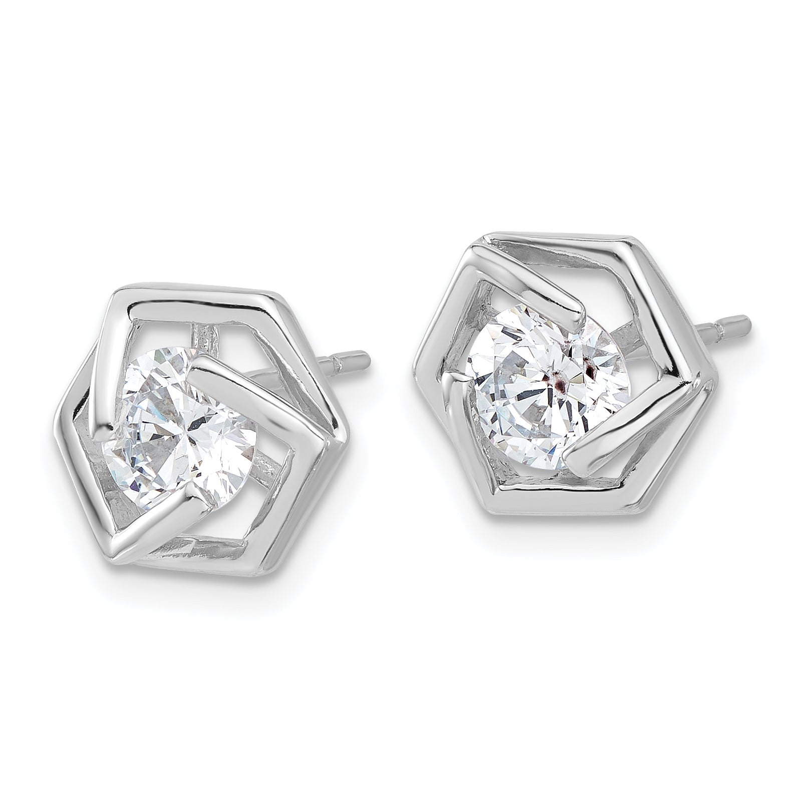 Sterling Silver Rhodium-plated Polished CZ Hexagon Post Earrings